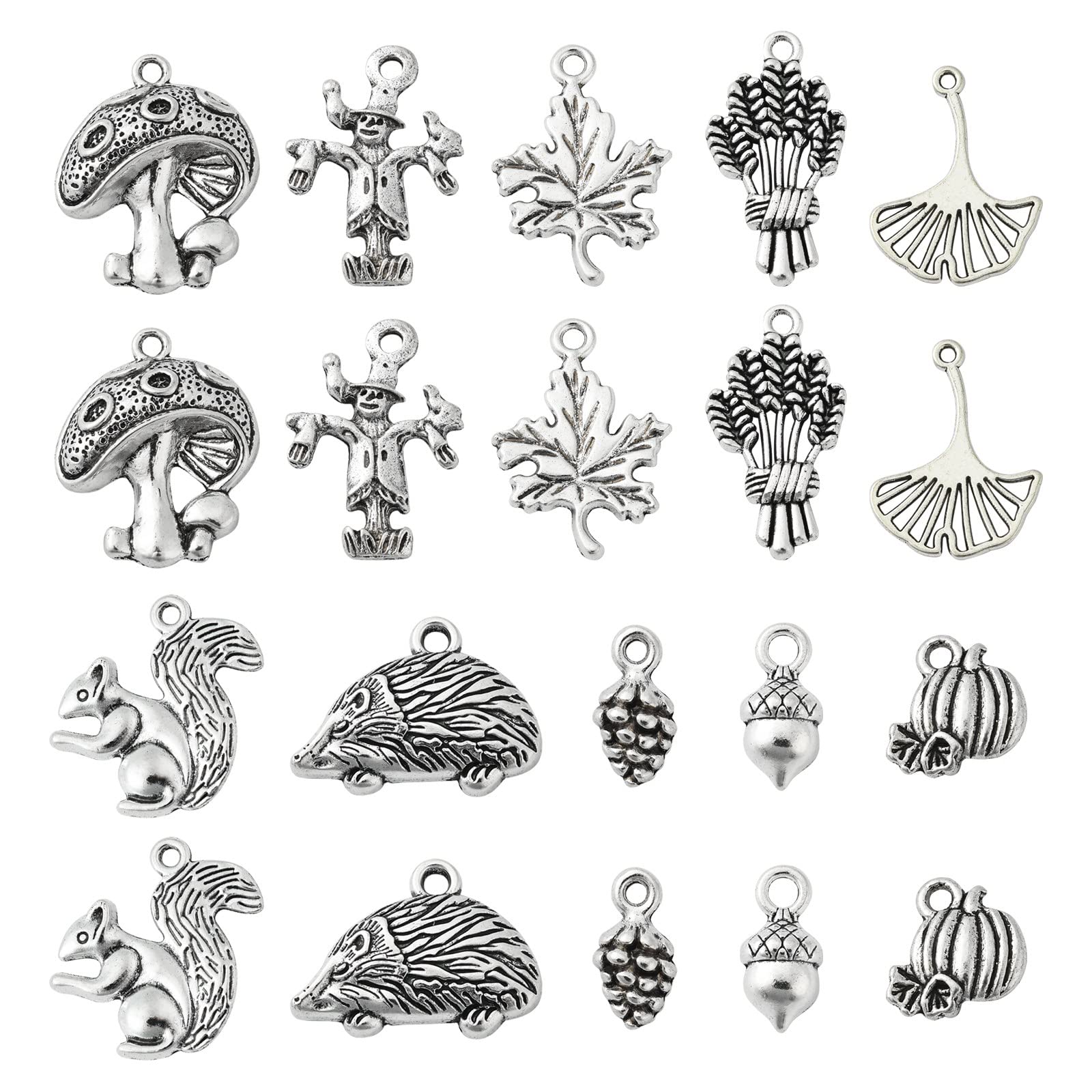 Ornazy 100 pcs 10 Styles Tibetan Autumn Charms Antique Silver Squirrel Maple Leaf Mushroom Charms for Jewellery Making Bulk