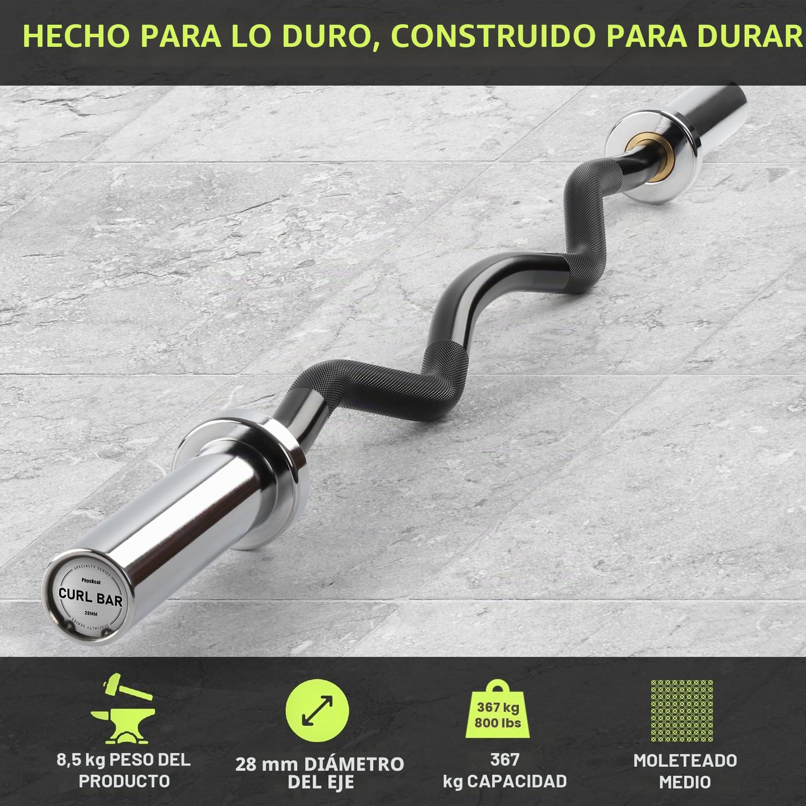 PhysKcal Barra de 4-6 pies para discos de 2 pulgadas | Ideal para desarrollar bíceps y tríceps, con mango curvo que facilita el agarre, ideal para gimnasios con poco espacio.