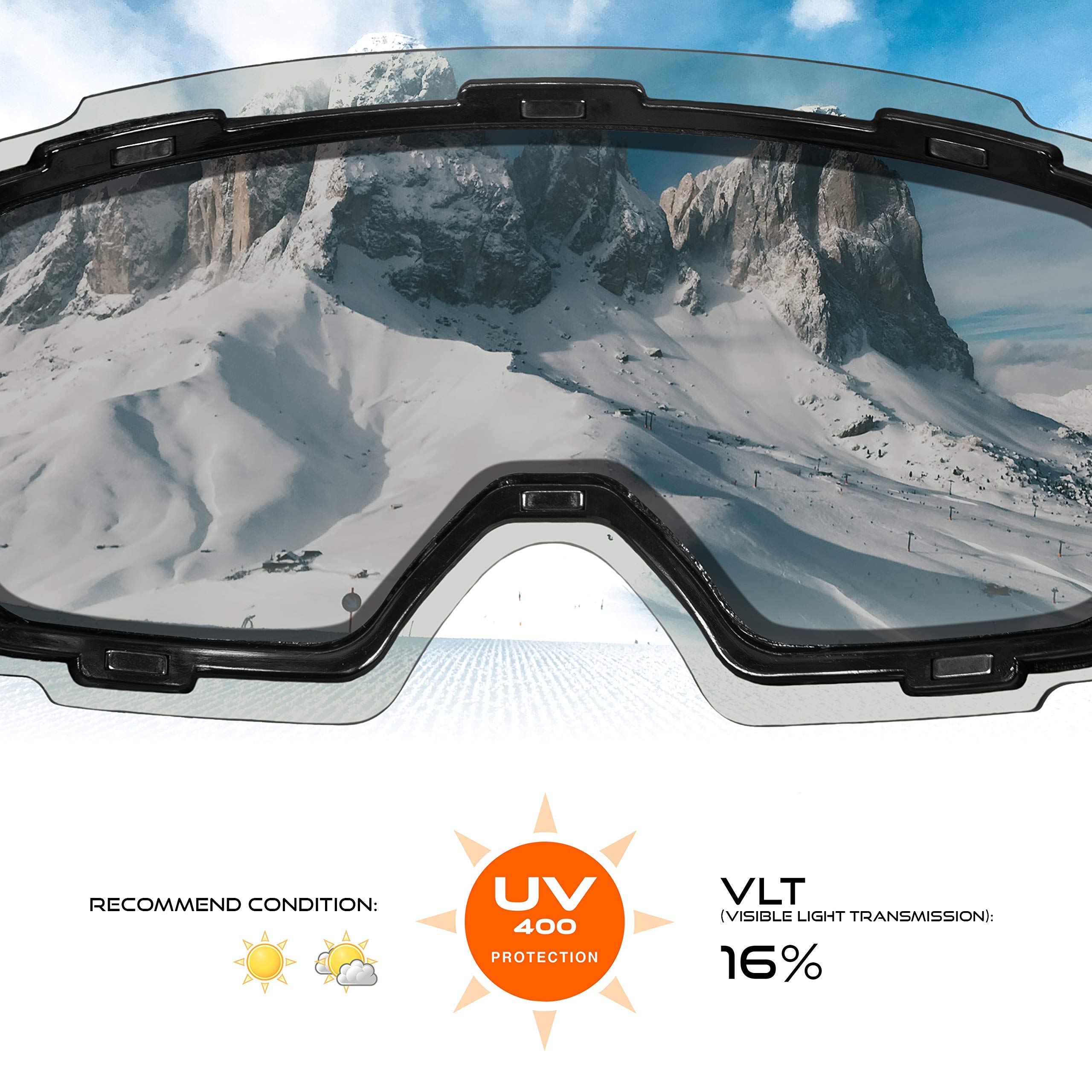 STOMP Gafas de esquí PRO sin marco, lentes intercambiables de repuesto 100% protección UV400 para hombres y mujeres, 7 colores