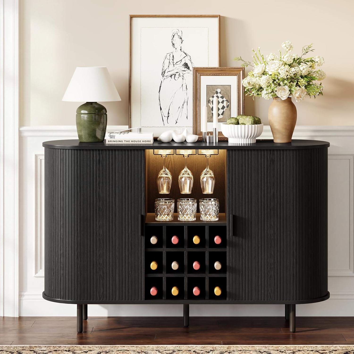 55" Wine Cabinet, Fluted Coffee Bar Cabinet with LED Light, Modern Liquor Coffee Station with Power Outlet, Wine Rack & Glass Holder, Sliding Door Buffet Sideboard Table for Home, Living Room, Black