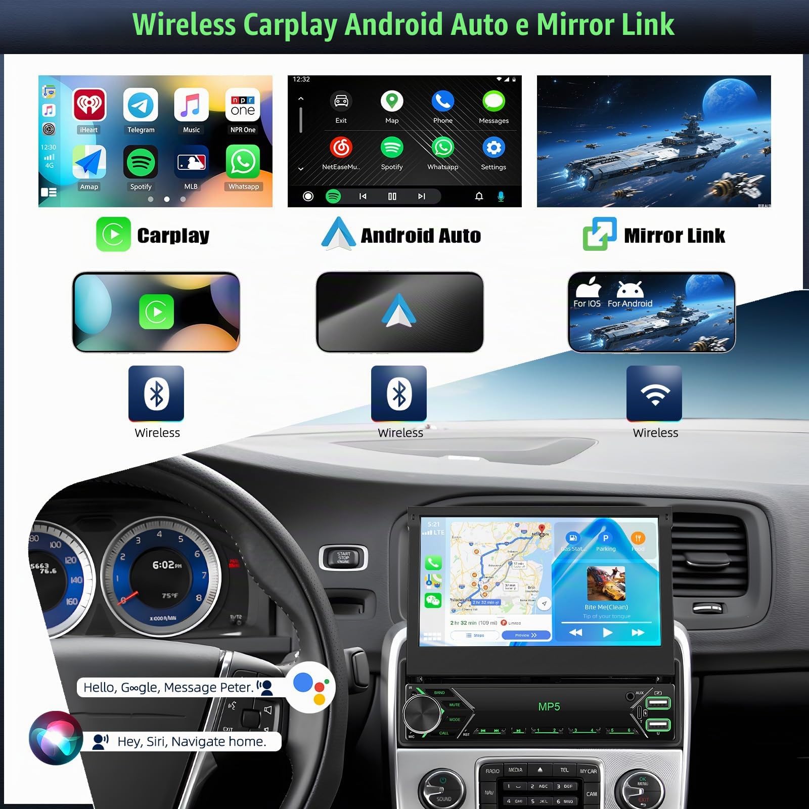 CAMECHO 1 Din Autoradio Wireless Carplay HD IPS Touchscreen con Telecamera Posteriore, 7 Pollici Radio Bluetooth Manuale Schermo Retrattile con Android Auto FM Specchio Vivavoce Link SWC
