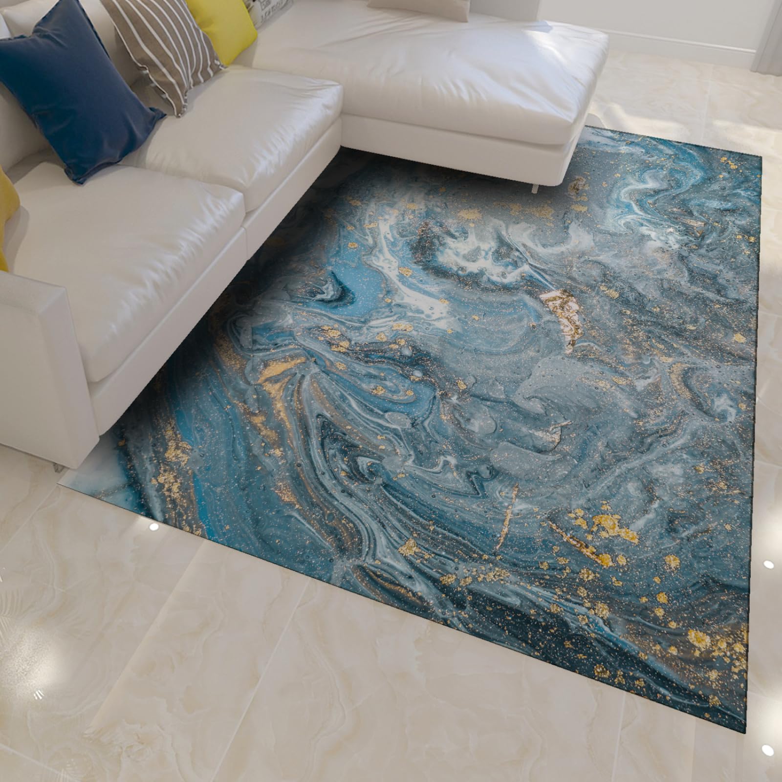 Moderner Abstrakter Wolkenteppich Waschbarer Leichter Teppich für Wohnzimmer Büro Blauer und cremefarbener Rutschfester Teppich mit weichem Boden 120x240cm