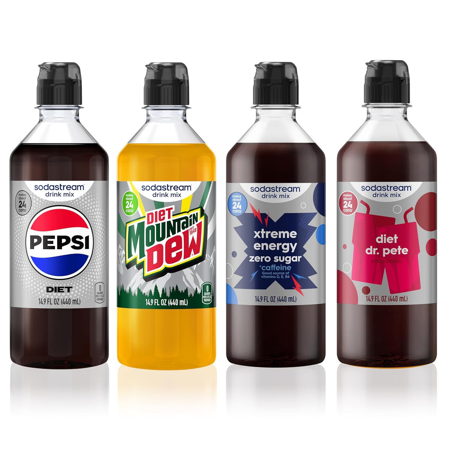 SodaStream Diet Pepsi, MTN Dew, Energy, Dr. Pete New Pour Bottle, Variety Pack 440ml (Pack of 4)