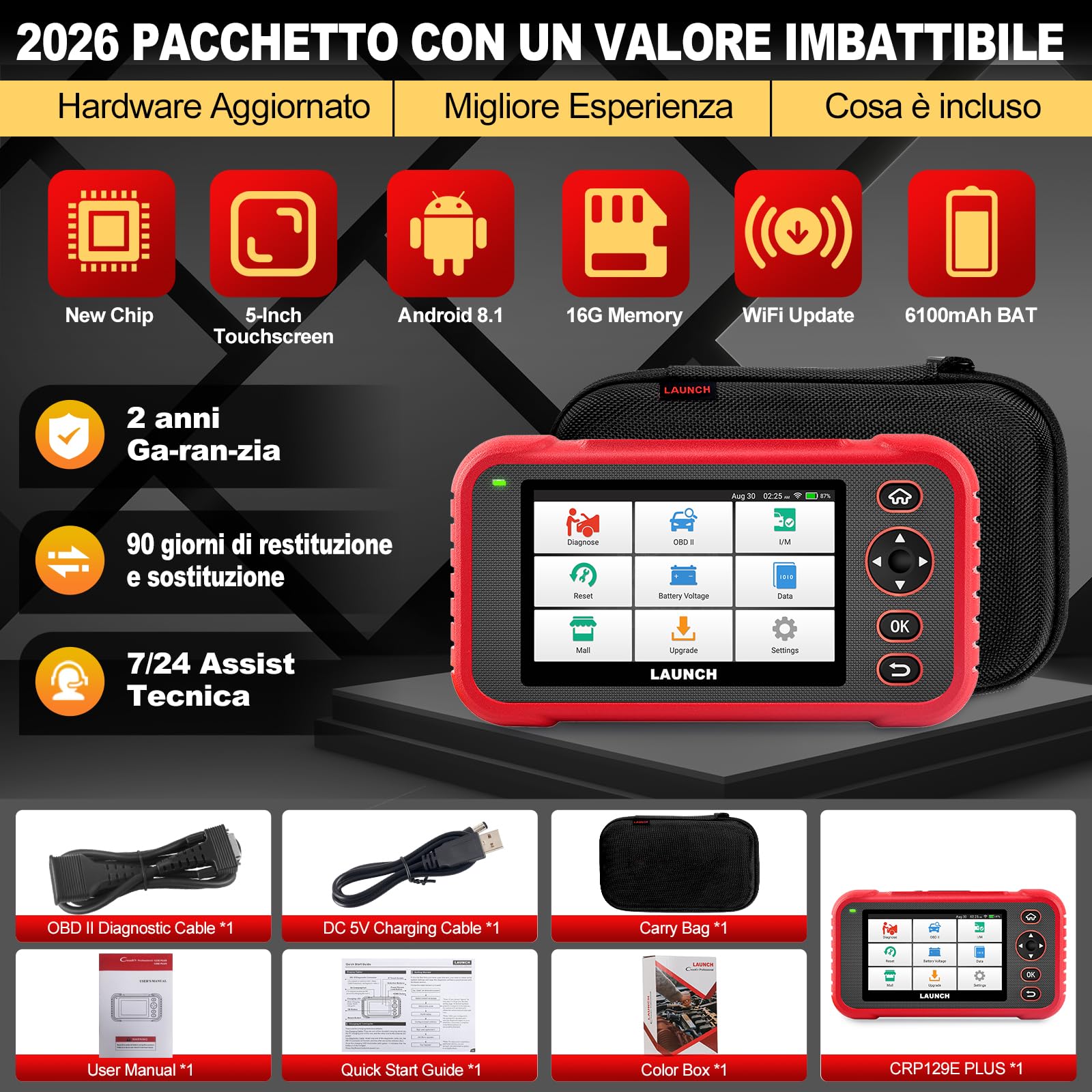 LAUNCH CRP129E Plus V3.0 OBD2 Auto Diagnostica Tutti gli Scanner Sistema con 12+ Reset, ABS/Iniettore/Olio/Valvola A Farfalla/EPB/DPF/SAS/TPMS/Bilanciamento Batteria, Aggiornamenti WiFi a vita