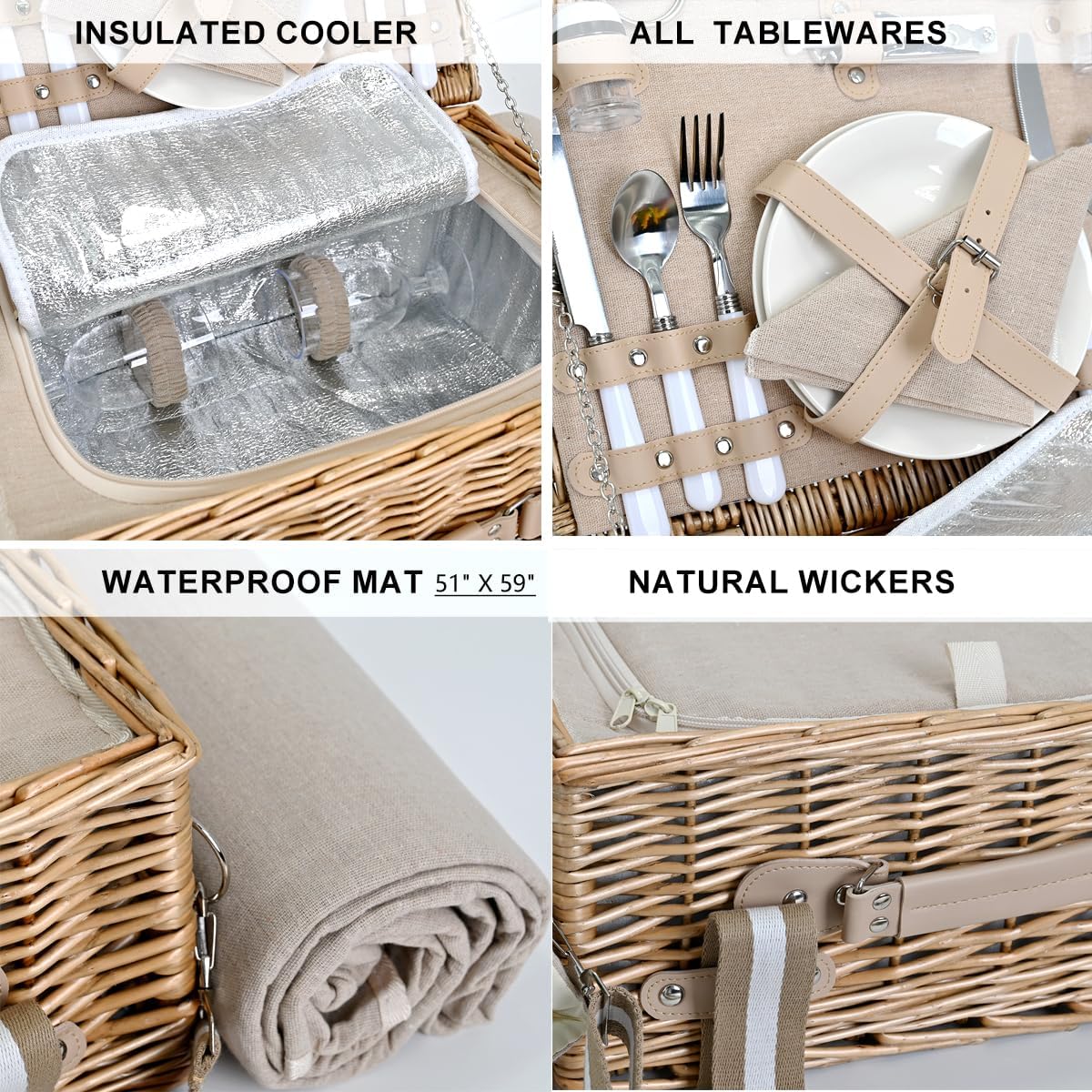 31Pcs Picnic Basket Set for 4 with Insulated Liner and Waterproof Blanket Wine Pouch, Large Wicker Picnic Hamper for Camping,Outdoor,Valentine Birthday Christmas for Couples,Natural