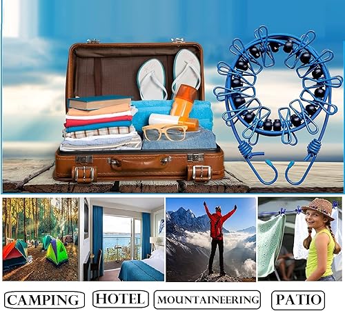 Vista 24 de 1 paquete de tendedero portátil con 12 pinzas para la ropa, tendedero de viaje elástico, retráctil, línea de ropa elástica para patio trasero, hotel