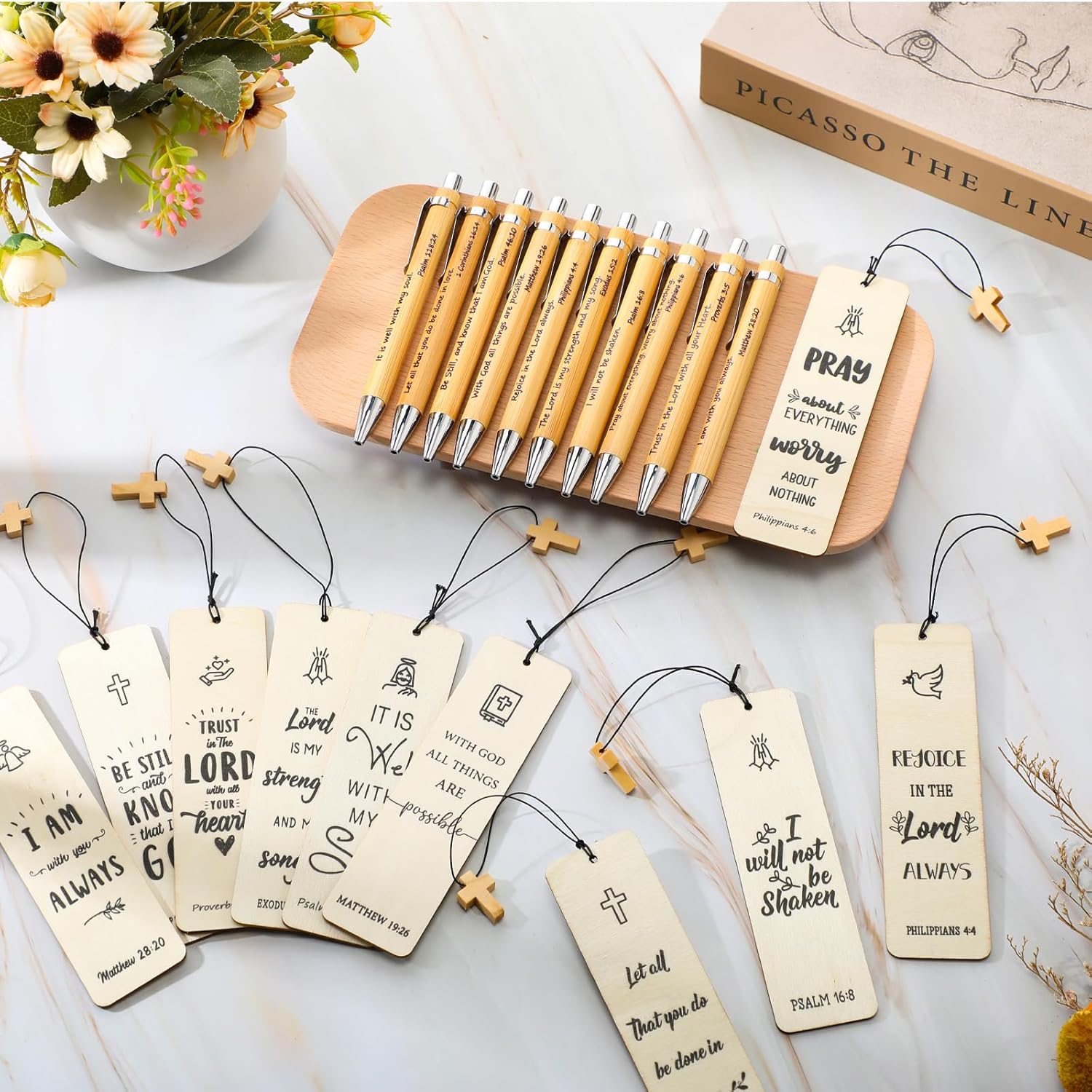 Colarr 30 Sets Christian Gifts Bulk Christian Bookmarks and Bible Verse Ballpoint Pens with Wooden Cross Pendant for Church Sunday School Coworker Staff Gifts(Classic Style)