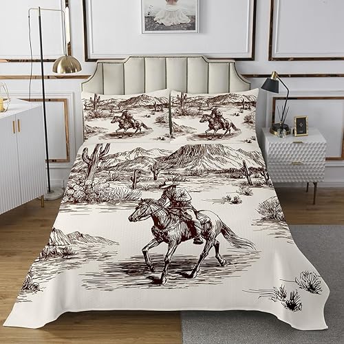 Miniatura 2 de Erosebridal Juego de edredón de vaquero tamaño Queen, juego de colcha del oeste para niños y hombres, ilustración dibujada a mano con caballo