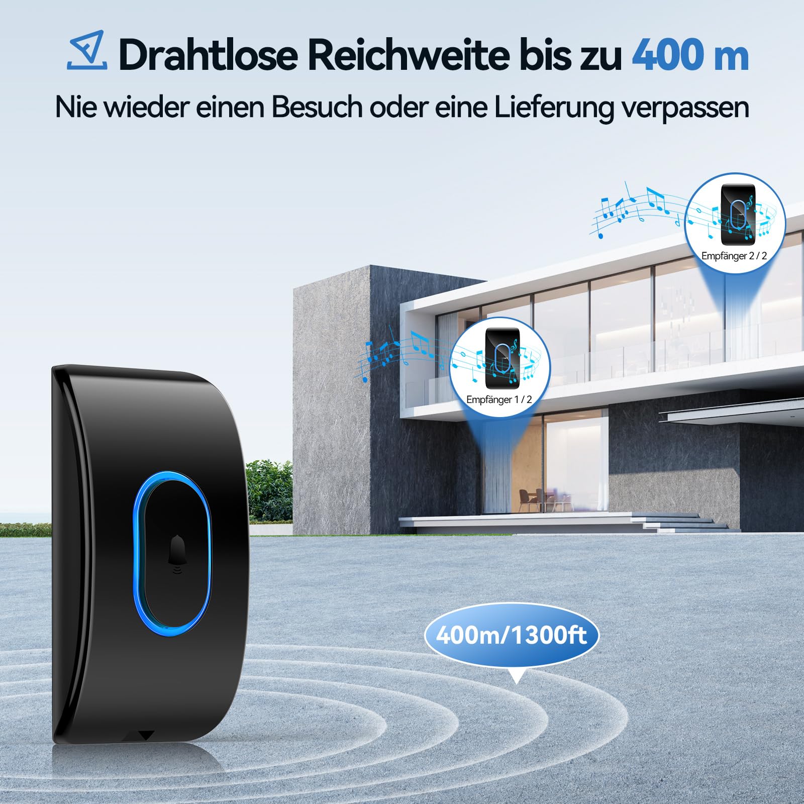 TECKNET Türklingel IP65 Funkklingel Aussen Wasserdicht, 400m Reichweite Funkklingel 2 Empfänger, 5 Lautstärkestufen, 60 Melodien, Klingel Haustür mit LED-Blitz, Schwarz