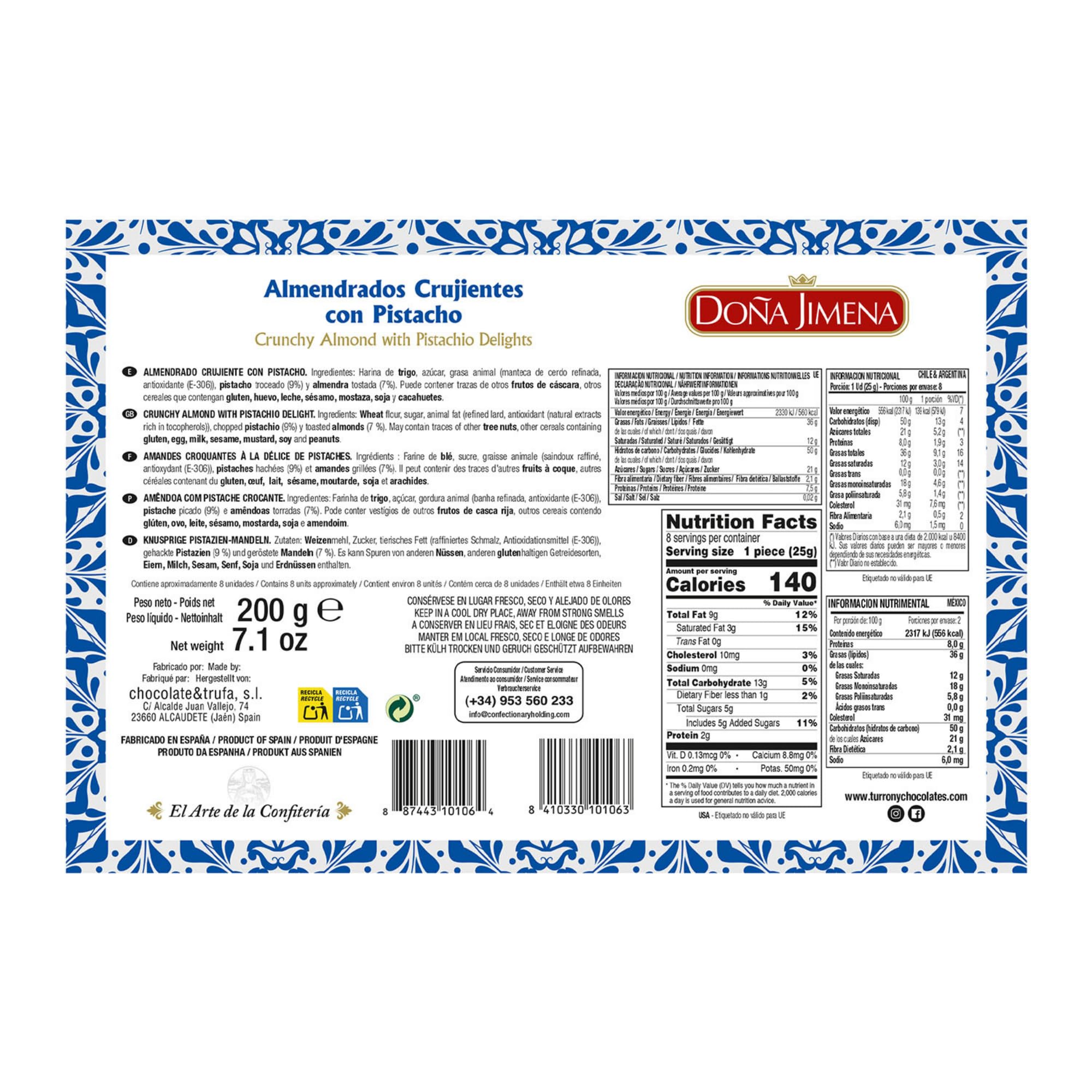 DOÑA JIMENA - Almendrados Crujientes con Pistacho, 200 g, Textura Crujiente con Pistacho y Almendra Tostada, Envasados Individualmente, Dulce Tradicional Español, Calidad Suprema