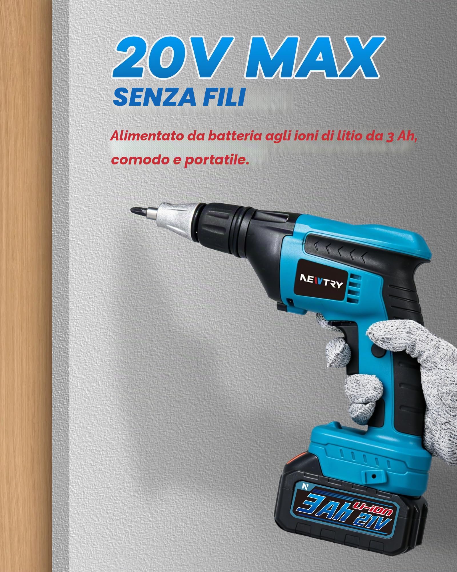 NEWTRY Avvitatore a batteria per cartongesso con caricabatterie per viti PH 15-55mm, 2x batteria 20V 3Ah, incl. 100x viti da montaggio rapido con filettatura grossa 3,9 x 35 mm