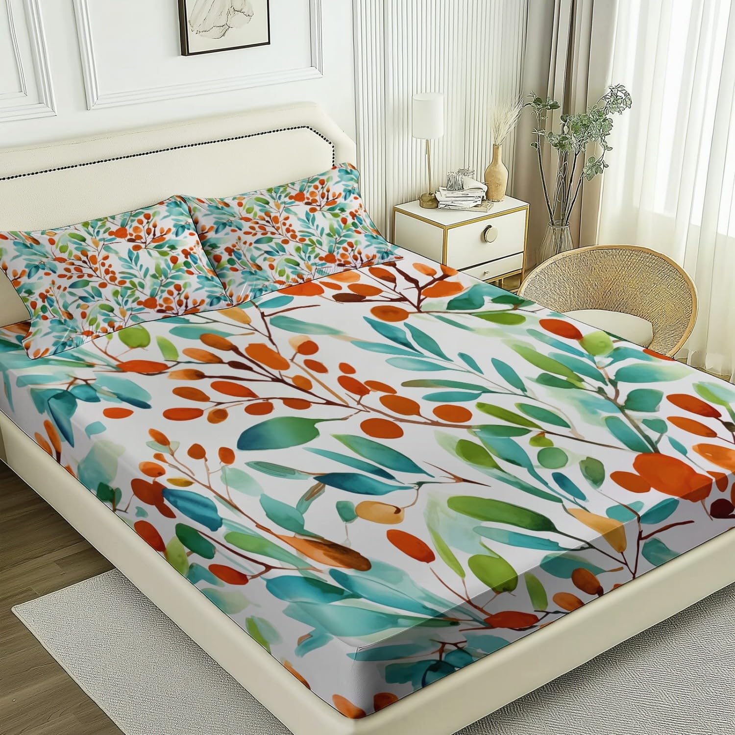 Drap Housse Doux Aquarelle Feuilles Baies Imprimer, 140 x 190 cm Résistance à la Déchirure Drap-Housse avec Poche 30 cm de Profondeur, Bleu Ensembles de literie pour Dortoirs Hôtels