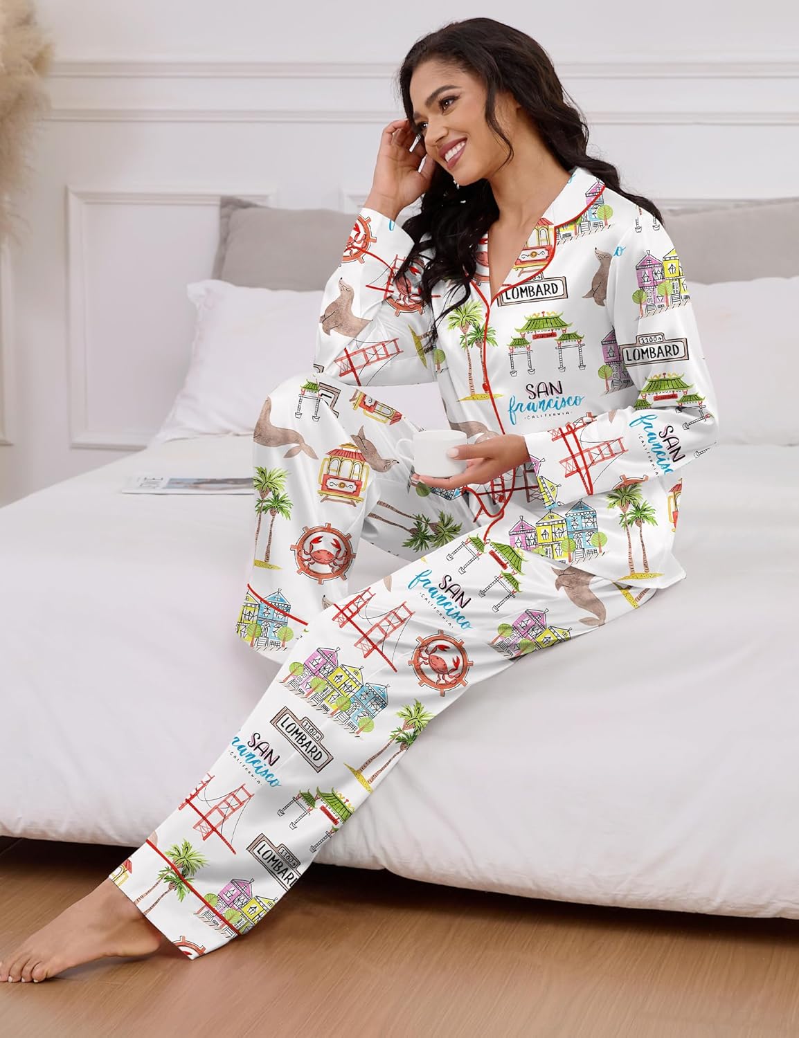 SHESHOW Womens Pajama Sets Long Sleeve Button Down Silky Pjs Travel Print Satin Pajama Set for Women 2 Piece - Image 3