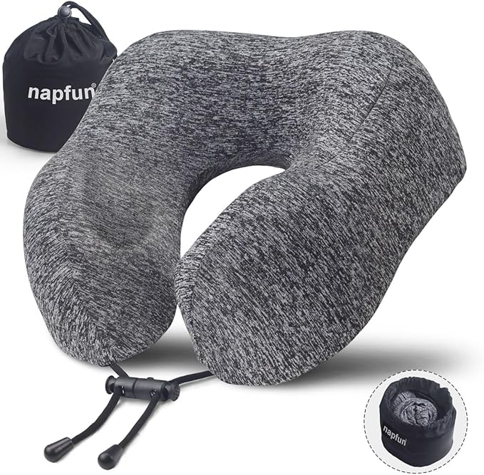 napfun Travel Pillow for Airplane, Premium Memory Foam Neck Pillow for Flight Headrest Sleep, Portable Plane Accessories, Deep Gray