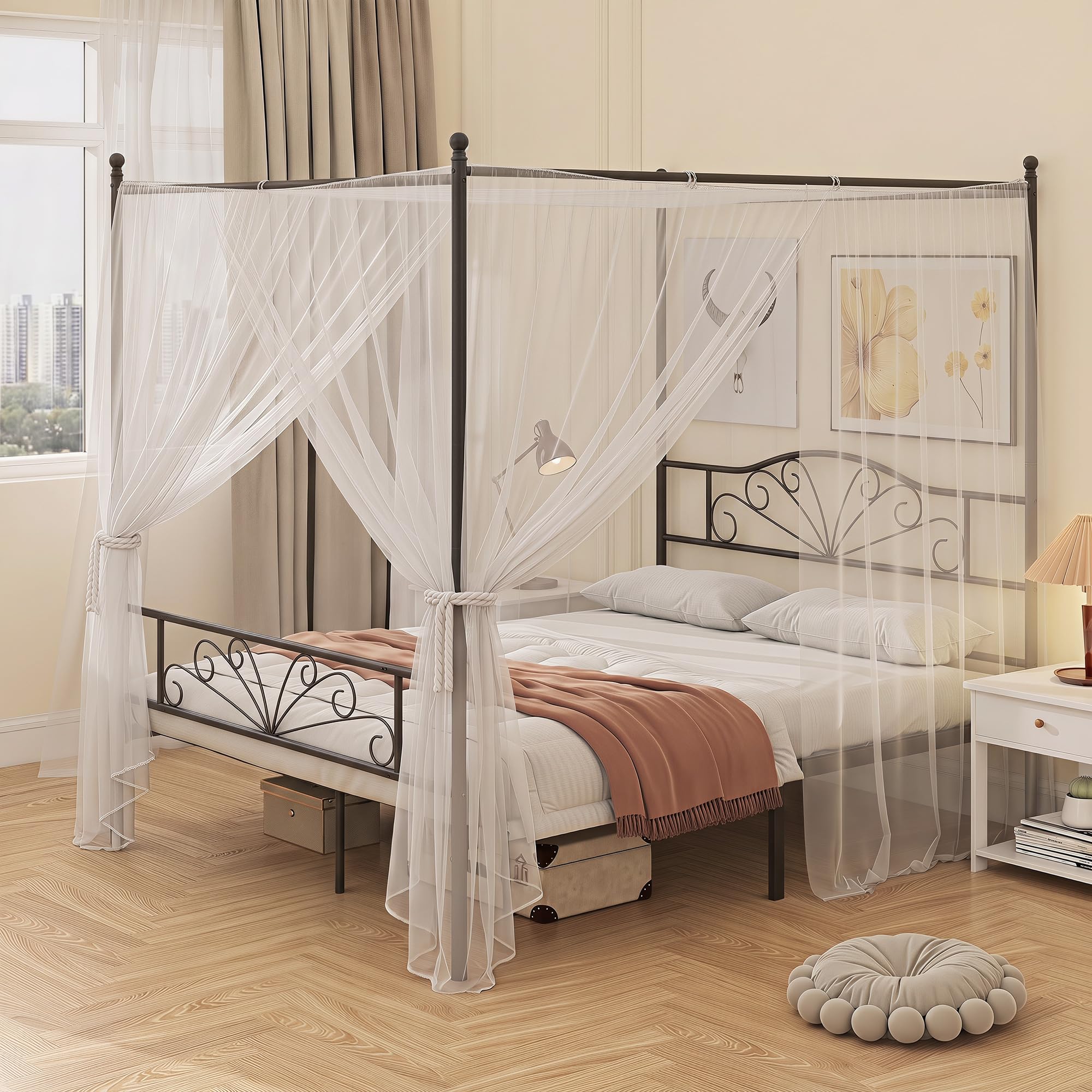 HOMCOM Canopy Bed Frame King Size Metal Platform Bed Frame Headboard Black