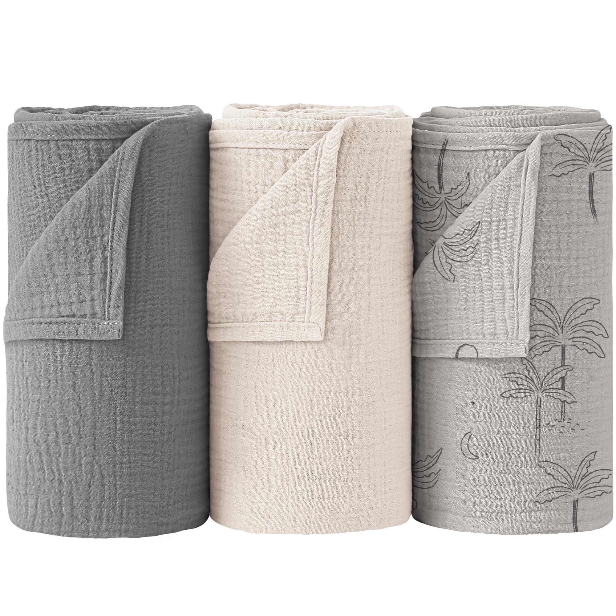 Bearmoss Baby Pucktuch Musselin Decke 100% Baumwolle Dünne Atmungsaktive Babydecke Baby Swaddle Decke Tücher für Junge und Mädchen 3 Stück 96x102cm (Grey Coconut Tree)