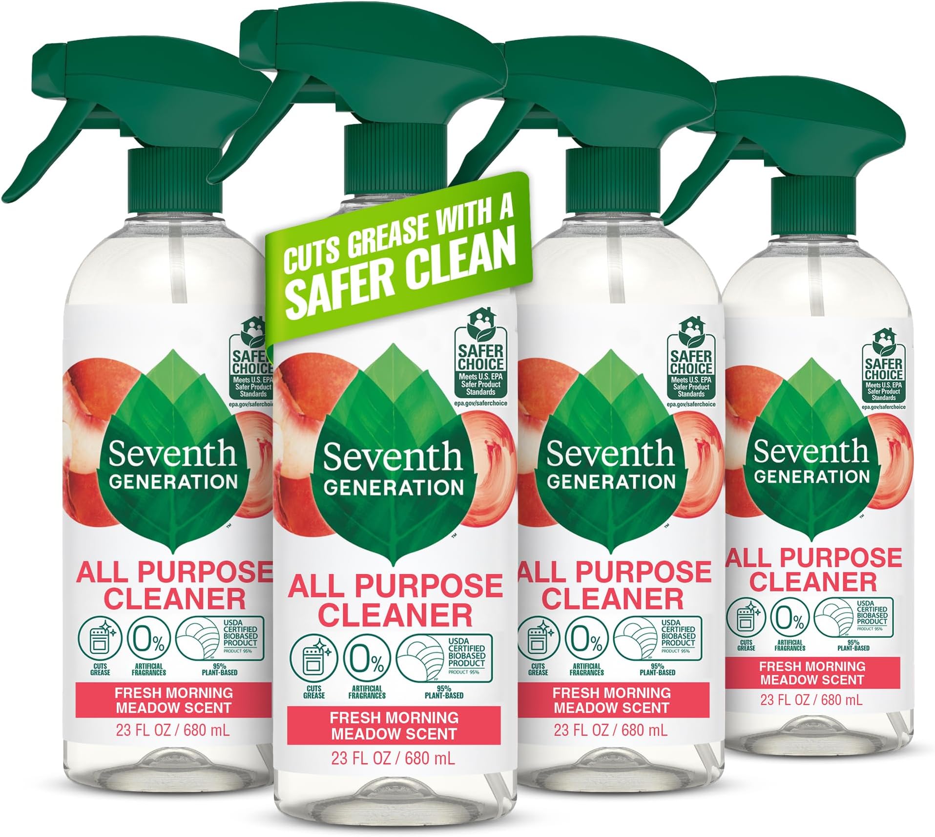 Seventh Generation All Purpose Cleaner, Degreasing Formula, Fresh Morning Meadow Scent, 23 oz (Pack of 4)