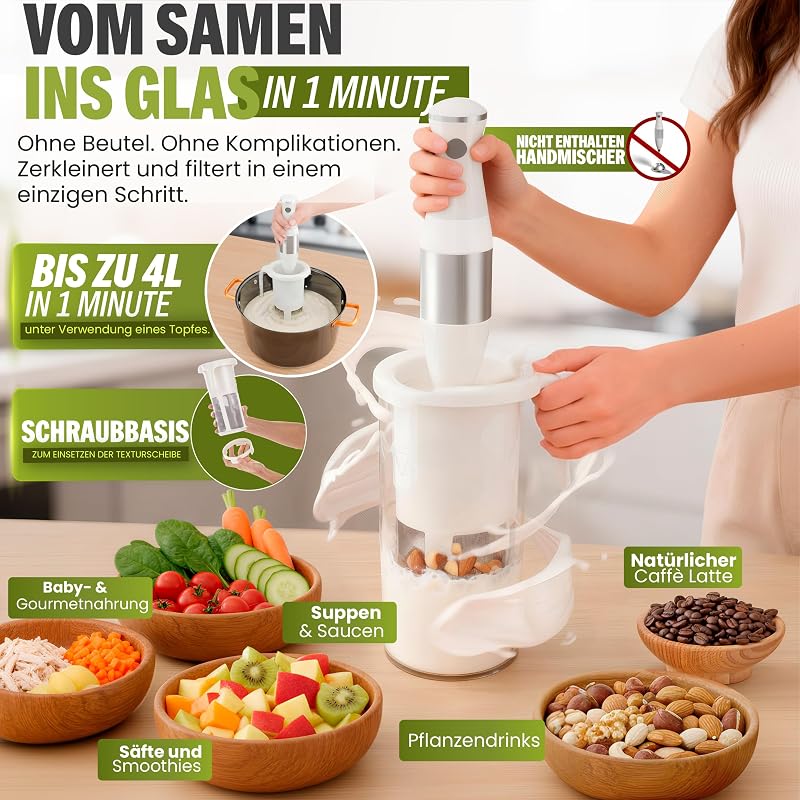 Aparat pentru lapte vegetal Vegan Milker, 1 l, pentru migdale, soia, orez, gata în 1 minut, compatibil cu mixerul vertical, cu 2 filtre și broșură cu rețete naturale