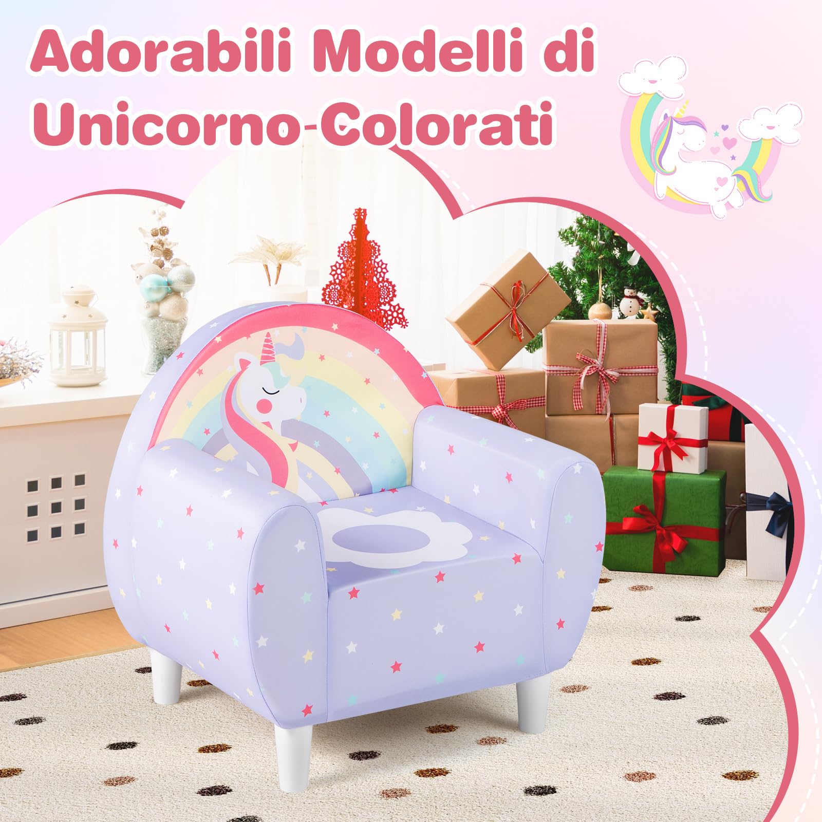 COSTWAY Divano per Bambini a Forma di Unicorno 55 x 40 x 55cm, Poltrona Imbottita con Tessuto Elastico Traspirante e Riempimento in Spugna, Mobile Moderno per Cameretta (Lilla)