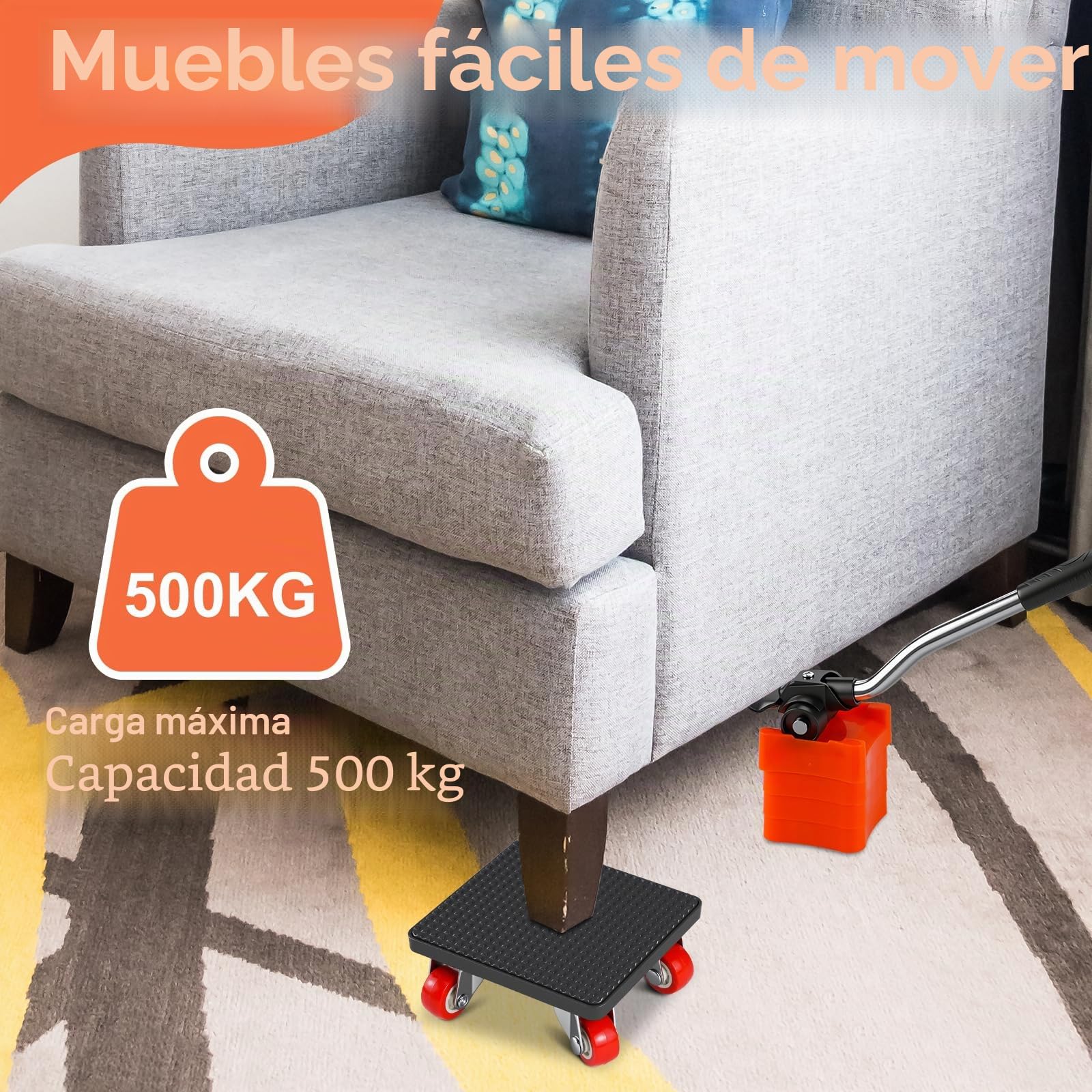Kit Eelevador de Muebles Pesados, Juego de Ruedas de Transporte para Muebles, Transportador de Muebles con 4 Ruedas y Elevador, Carga Máxima 500kg, Ruedas para Mover Muebles y Objetos Pesados