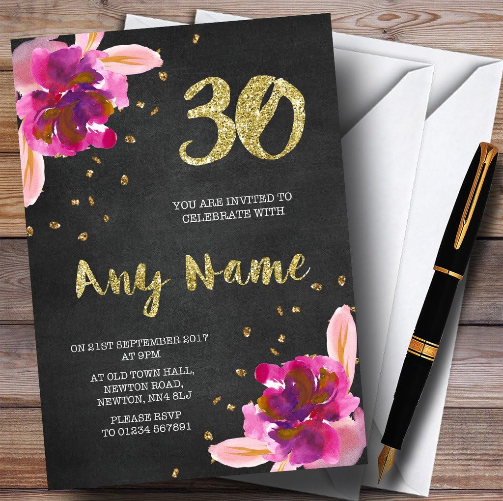 Chalk Gold Confetti Pink Flowers 30th Personalized Birthday Party Invitations