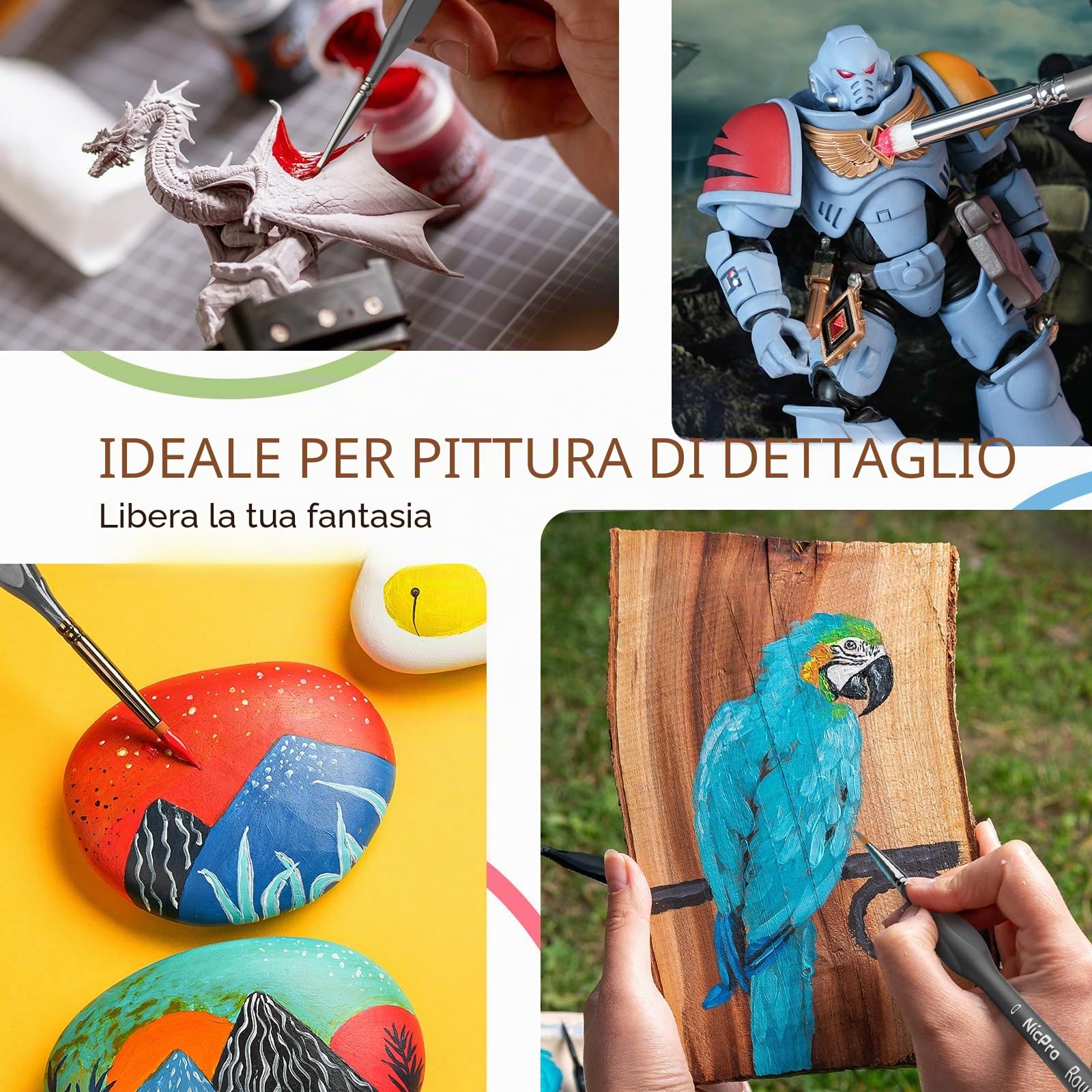 Nicpro Set di 20 pennelli per pittura in miniatura, con custodia in nylon per acrilico, acquerello, pennello per dettagli, pennello a secco per modellismo, miniature