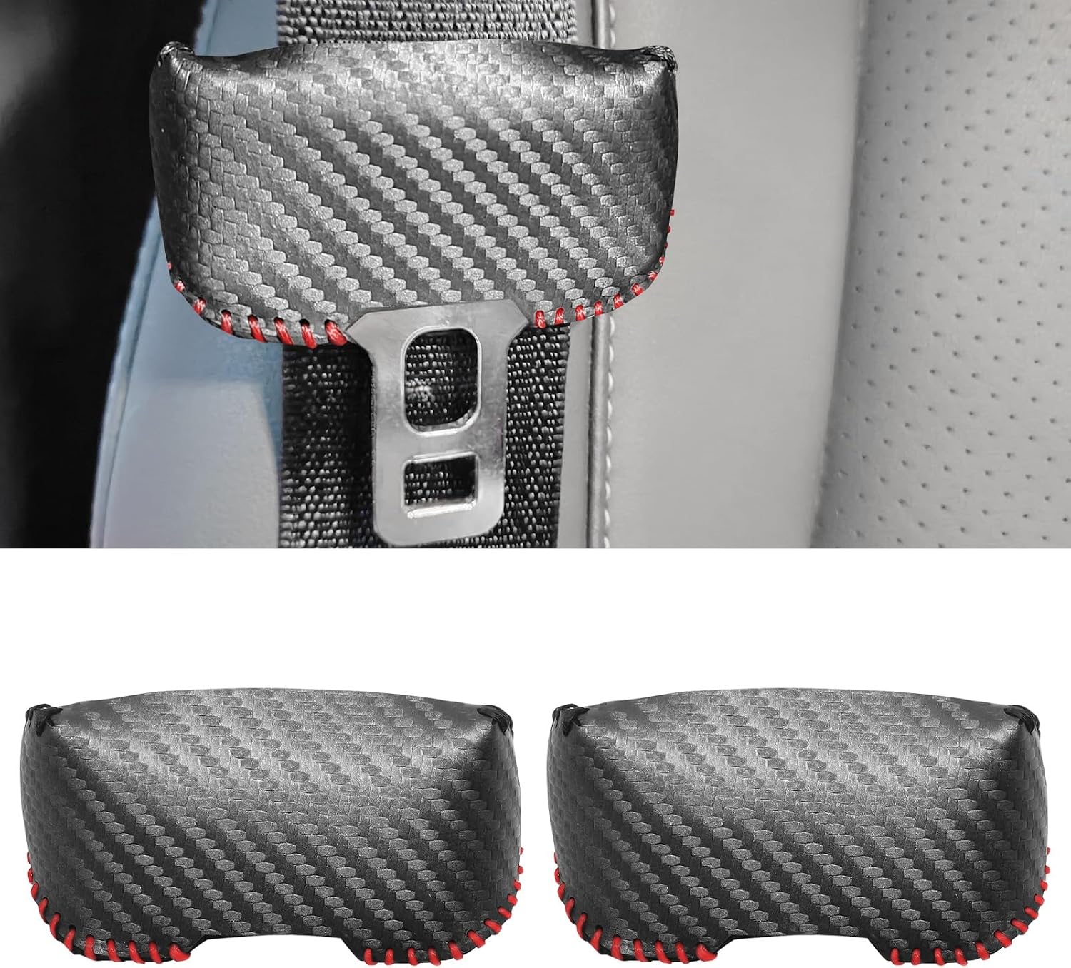 Universal Car Seat Belt Buckle Cover Carbon Fiber Leather Seatbelt Clip Protector Decoration Accessories Style B for Most Vehicles 2PCS Black with Red Stitches