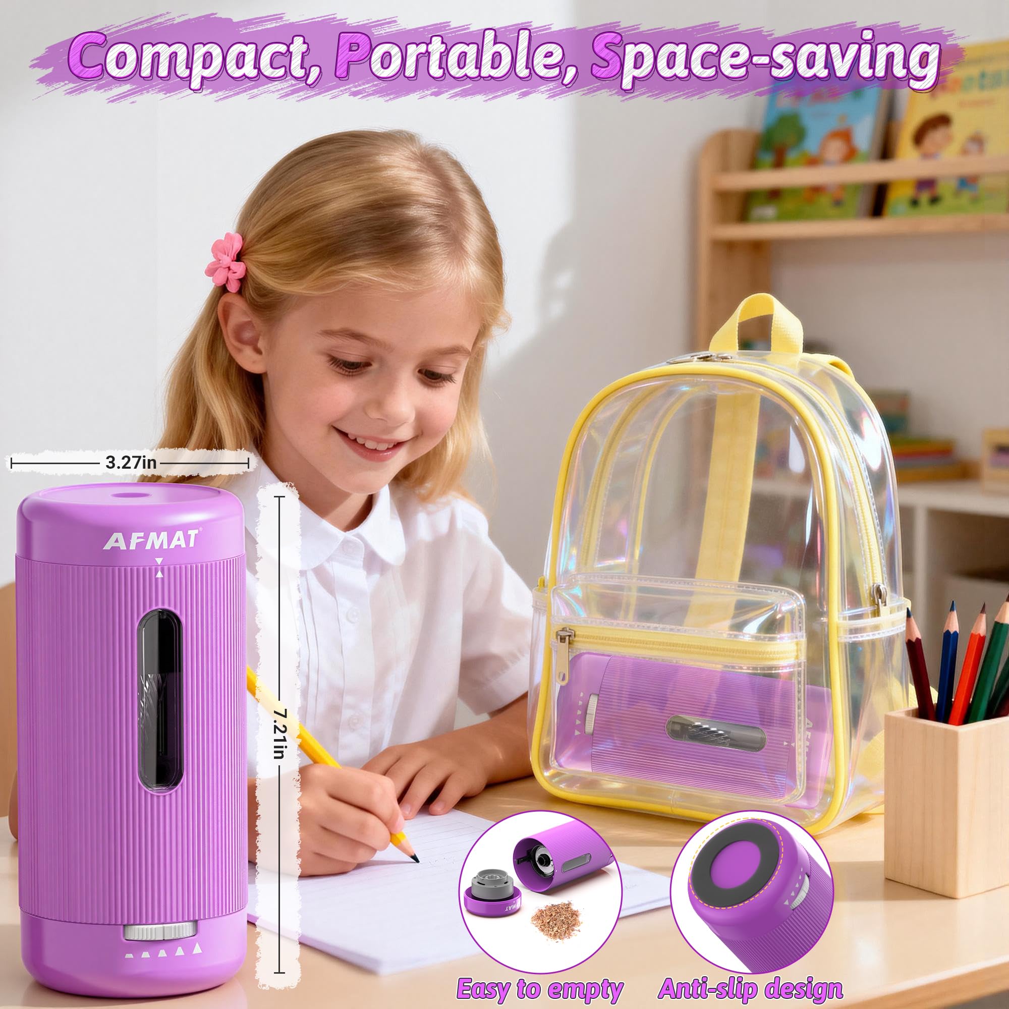 AFMAT Sacapuntas eléctrico, entrada y salida automática, 5 puntas, sacapuntas totalmente automático para aula, sacapuntas manos libres recargables para lápices n.º 2/jumbo/colores (φ6.5-12 mm) PSC3