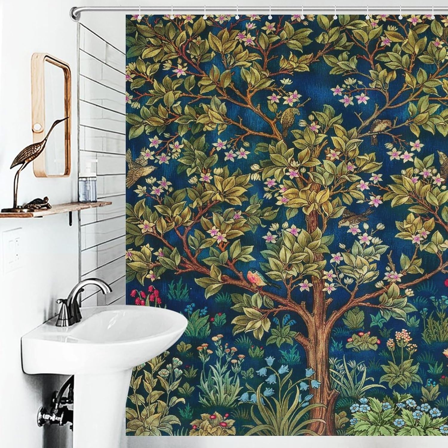 Boho William Morris Shower Curtain, Vintage Tree of Life Art Style Shower Curtain Set for Bathroom Fabric Decorative Bath Curtain Washable Curtain Hooks, 72x72”