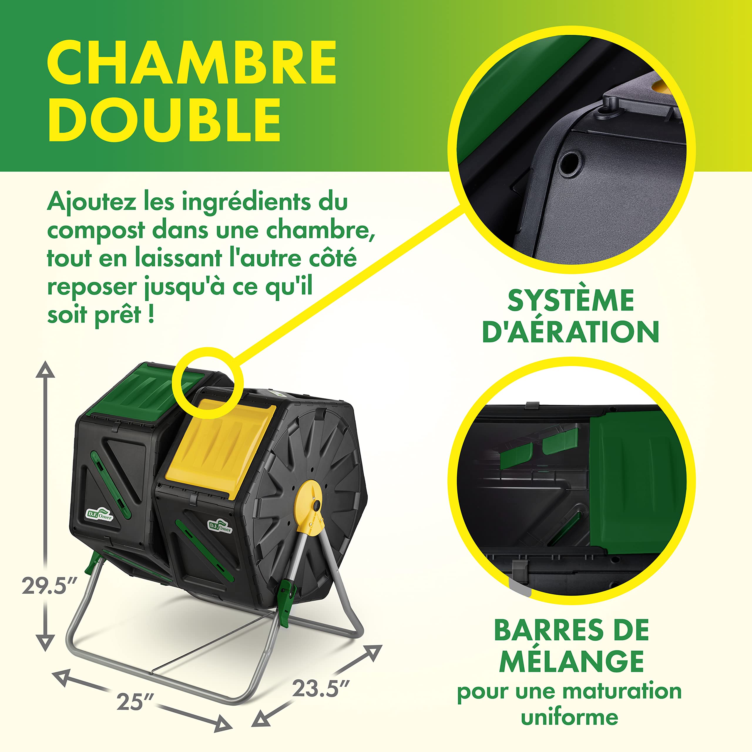 Composteur de Jardin Double Chambre DF OMER - Petit Composteur Rotatif avec système de Rotation Facile, 2 Portes coulissantes, Cadre en Acier Robuste - Toutes Saisons, sans BPA (18.5gal/70L)
