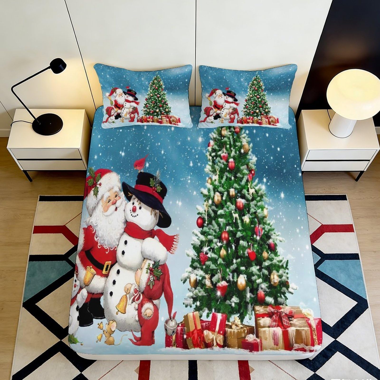 3D Printed Christmas Tree Snowman Fitted Sheet Microfiber Deep Pocket Non-Slip Xmas Mattress Fitted Cover for Bedroom 90x200x25cm