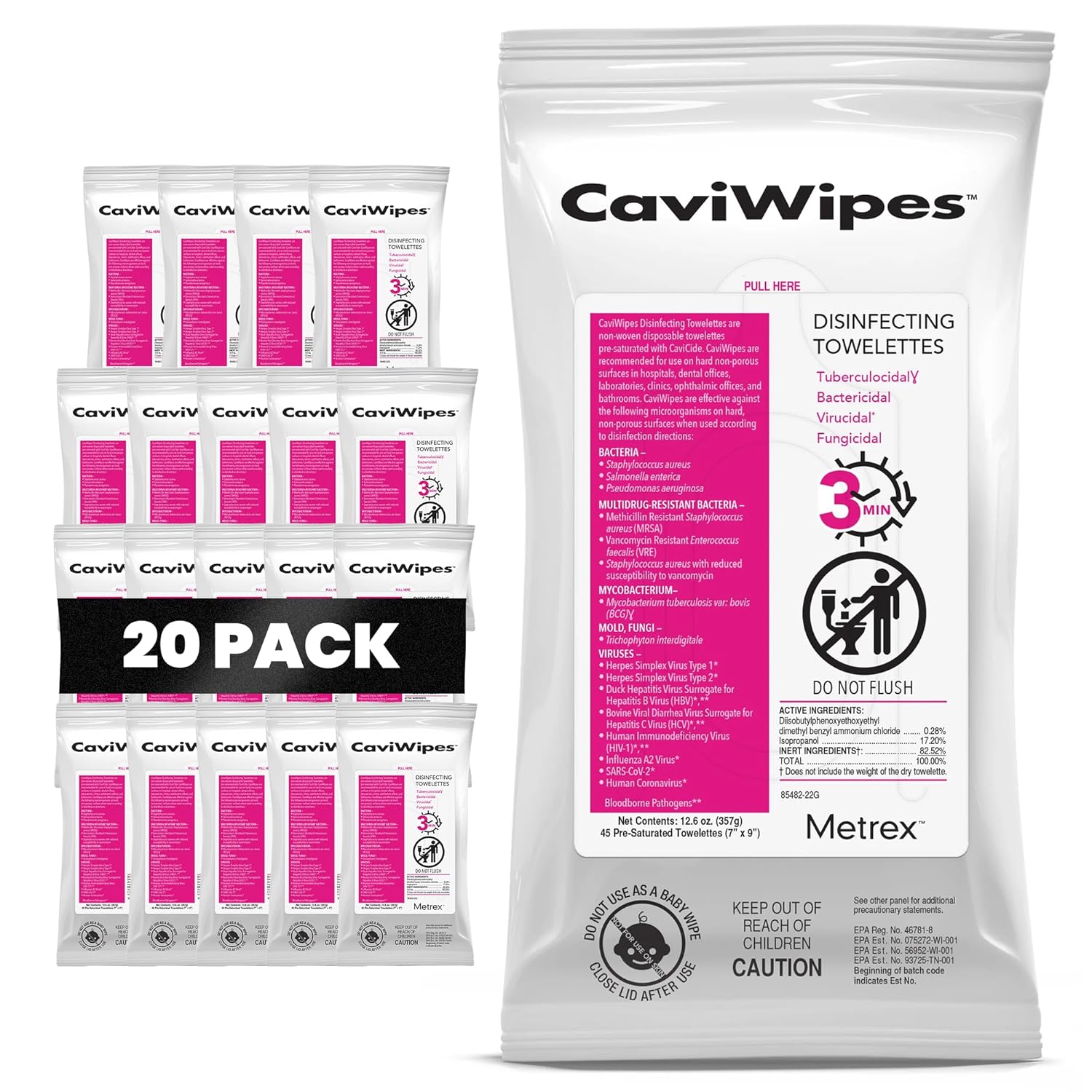 Metrex CaviWipes Disinfecting Towelettes – Durable Non-Woven Disinfecting Wipes for Hard, Non-Porous Surfaces in Healthcare & Laboratory, Pre-Saturated with CaviCide – 45 Wipes/Flat Pack (20 Packs)