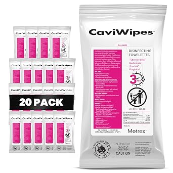 مناديل مطهرة Metrex CaviWipes مناديل مطهرة متينة غير منسوجة للأسطح الصلبة غير المسامية في الرعاية الصحية والمختبرات، مشبعة مسبقًا بـ CaviCide 45 منديلًا/عبوة مسطحة 20 عبوة