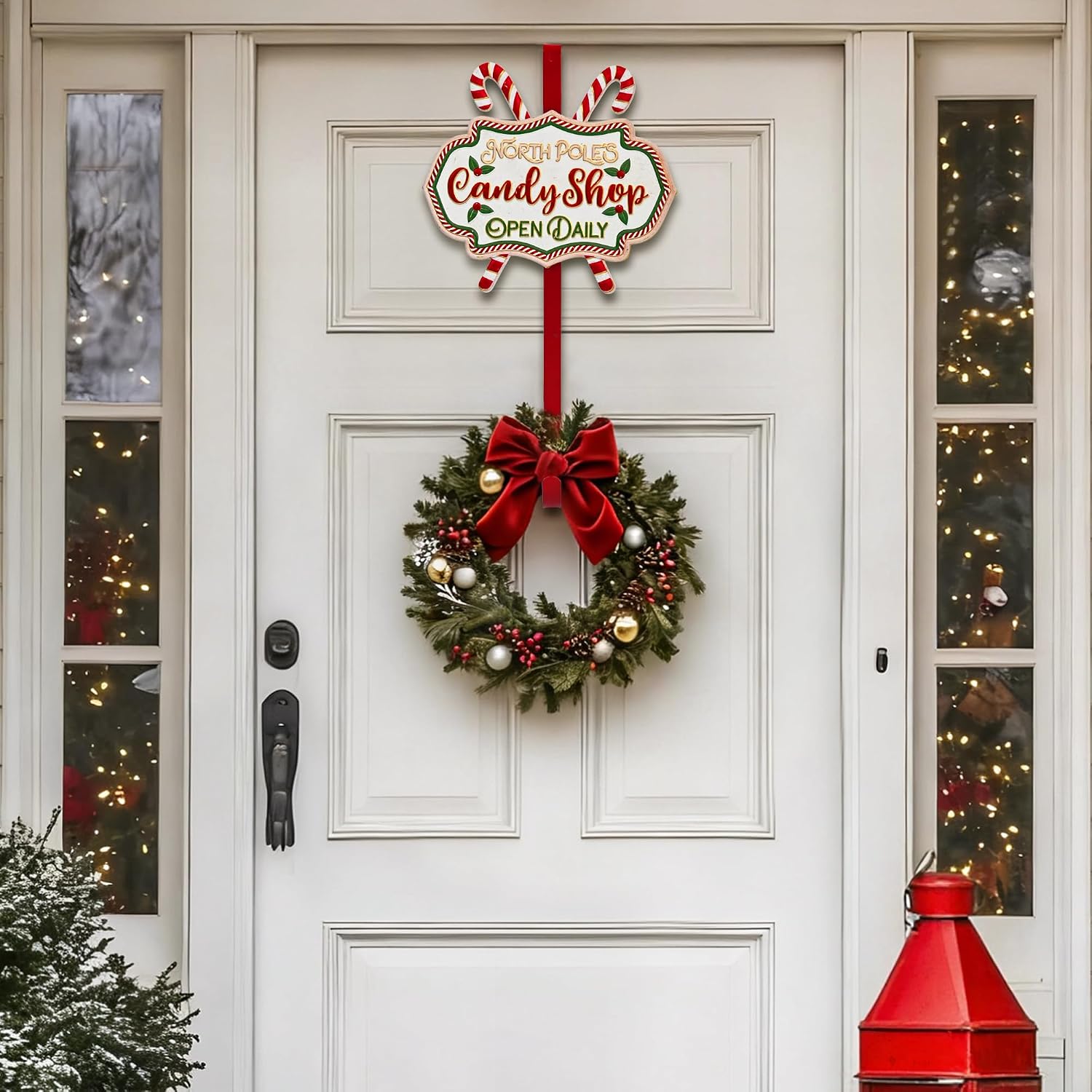 15" Christmas Wreath Hanger for Front Door Metal Door Wreath Hook Festive Hook for Door & Holiday Decor (Candy)