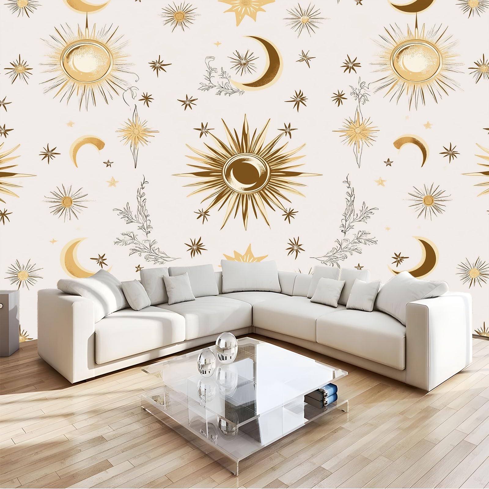 Fototapeta 350 x 256 cm Prosty księżyc Nowoczesne gwiazdy Dekoracja ścienna Gigantyczny plakat z polaru Dekoracja ścienna do salonu sypialni, jasnoszara