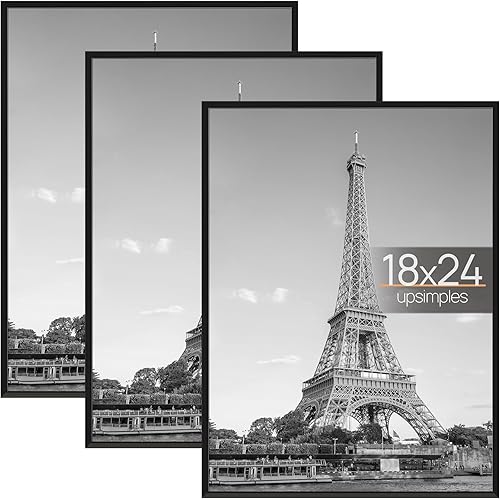 upsimples 18x24 Picture Frame Black 3 Pack, Scratch-Proof Poster Frames 18 x 24 for Photo Gallery - Slide-In Strips, Horizontal or Vertical Wall Mounting