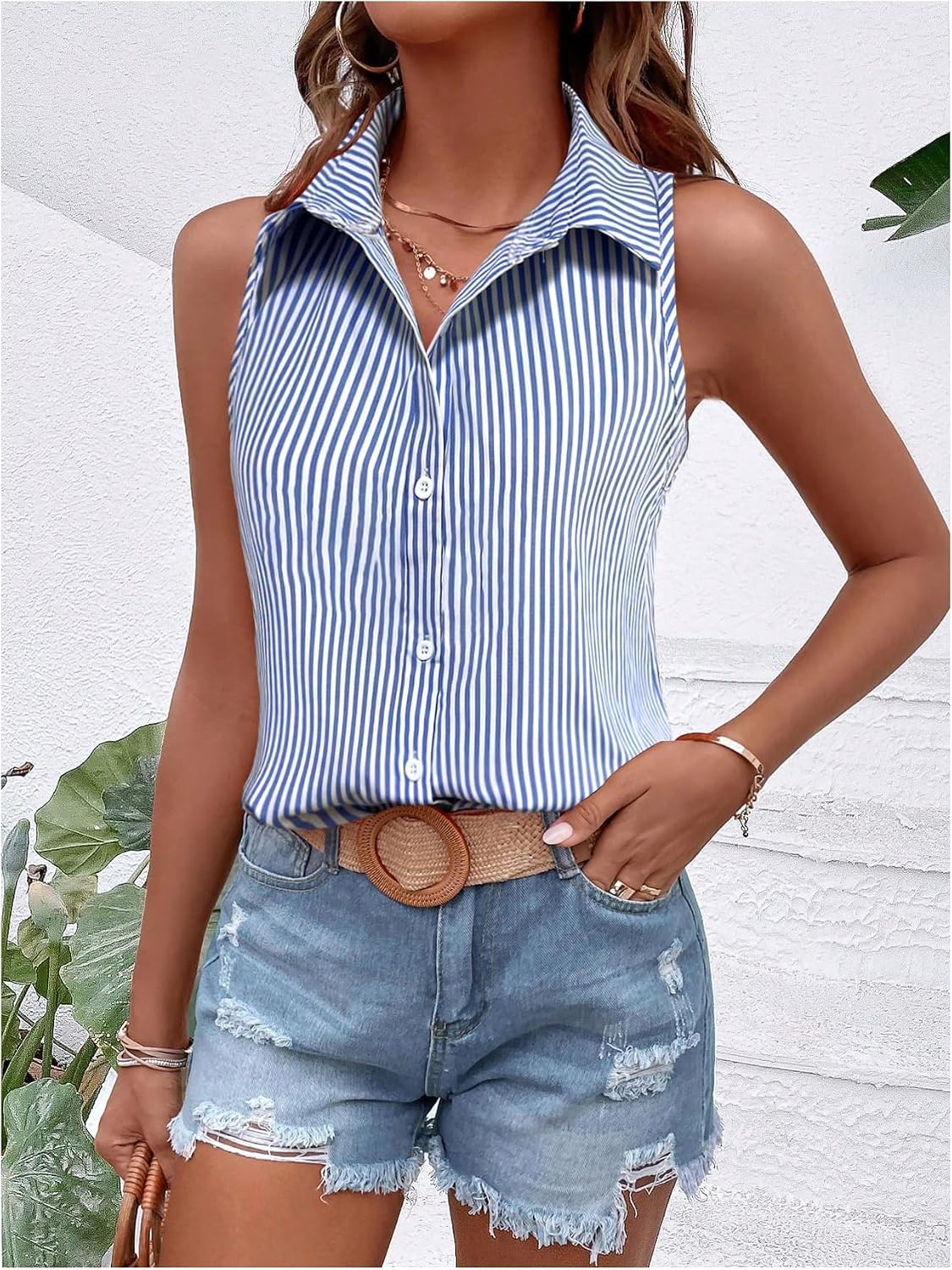 Women's Striped Button Down Shirt Summer Collared Sleeveless Dressy Casual Work Blouses