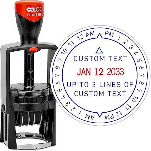 Miniatura 1 de MaxMark - Sello profesional de alta resistencia de 12 horas y fecha con mensaje de texto personalizado tinta azulroja