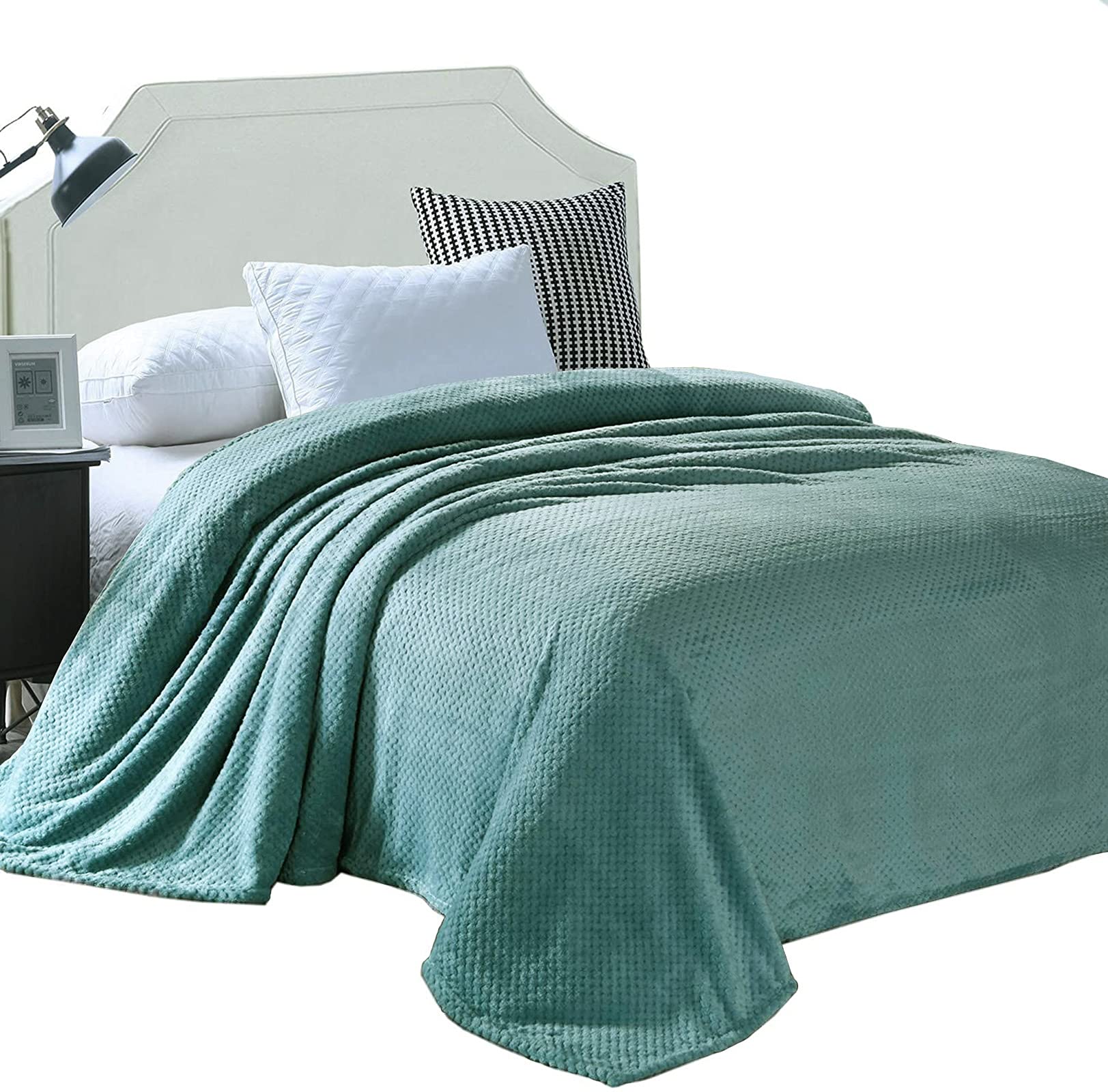 Exclusivo MezclaFleece Bed Blanket King Size, Super Soft and Warm Blankets for Couch, Sofa and Bed Waffle Textured, Cozy, Fuzzy and Lightweight (Celadon, 90x104 inches)