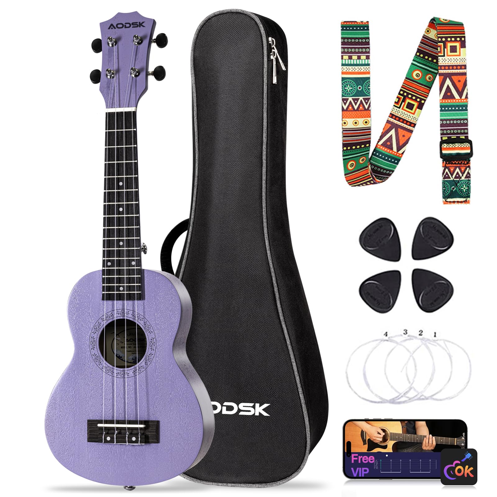 AODSK Ukelele para principiantes, kit de iniciación con correa de bolsa de concierto gratis, cuatro cuerdas, ukelele soprano acústico profesional de madera hawaiano para niños, estudiantes, kit de