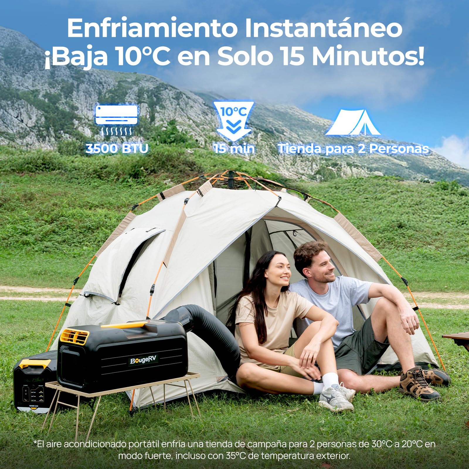 BougeRV Aire Acondicionado Portátil Camping 3500 BTU, Mini Enfriamiento Rápido 10 Min, Control App, 5 Modos, Gas R290, CA 100V-240V, para Tienda de Campaña, Furgoneta, Camper