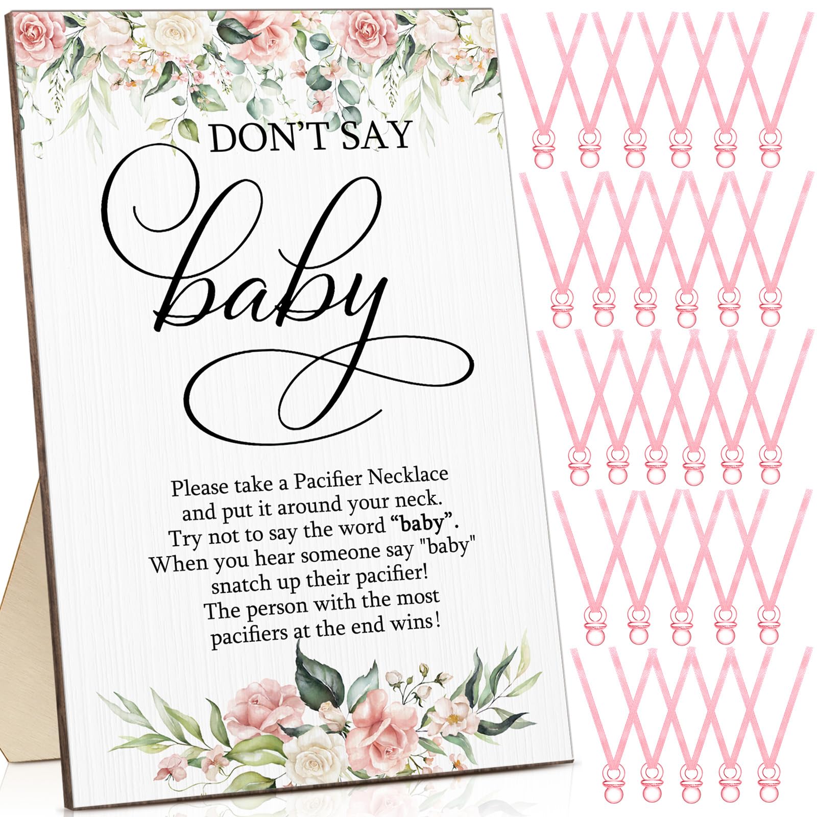 Geetery 51 Pcs Don't Say Baby Game Sign Cool Baby Shower Game 50 Pacifier Necklace Wooden Don't Say Sign Plastic Pacifier Party Favor for Gender