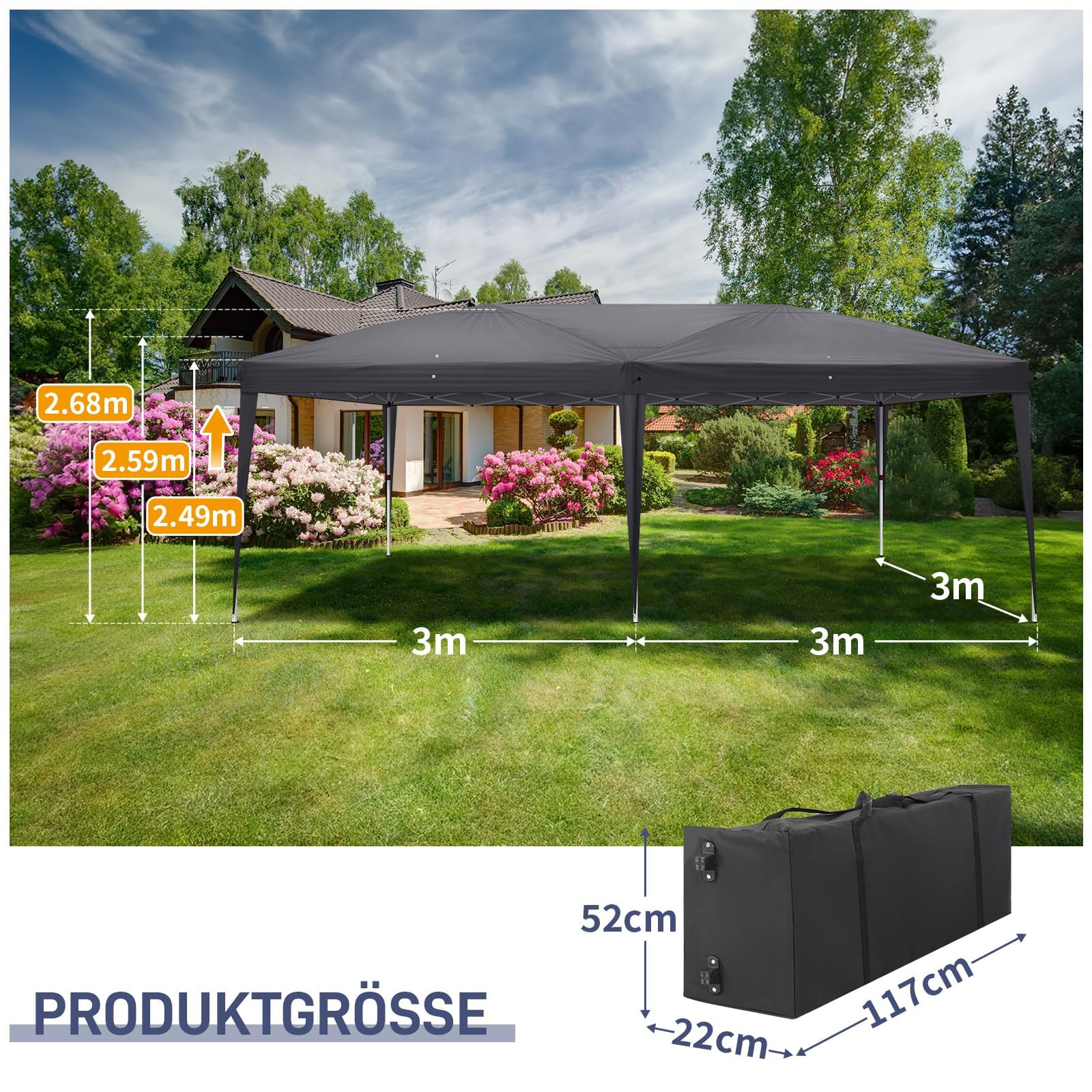 LEADZM Faltpavillon 3x6m | Pavillon mit Stahlrahmen & 6 Seitenteilen, Pop-up Schnellmontage, Wasserdicht Winterfest UV Schutz 50+, Höhenverstellbar für Garten/Party/Camping