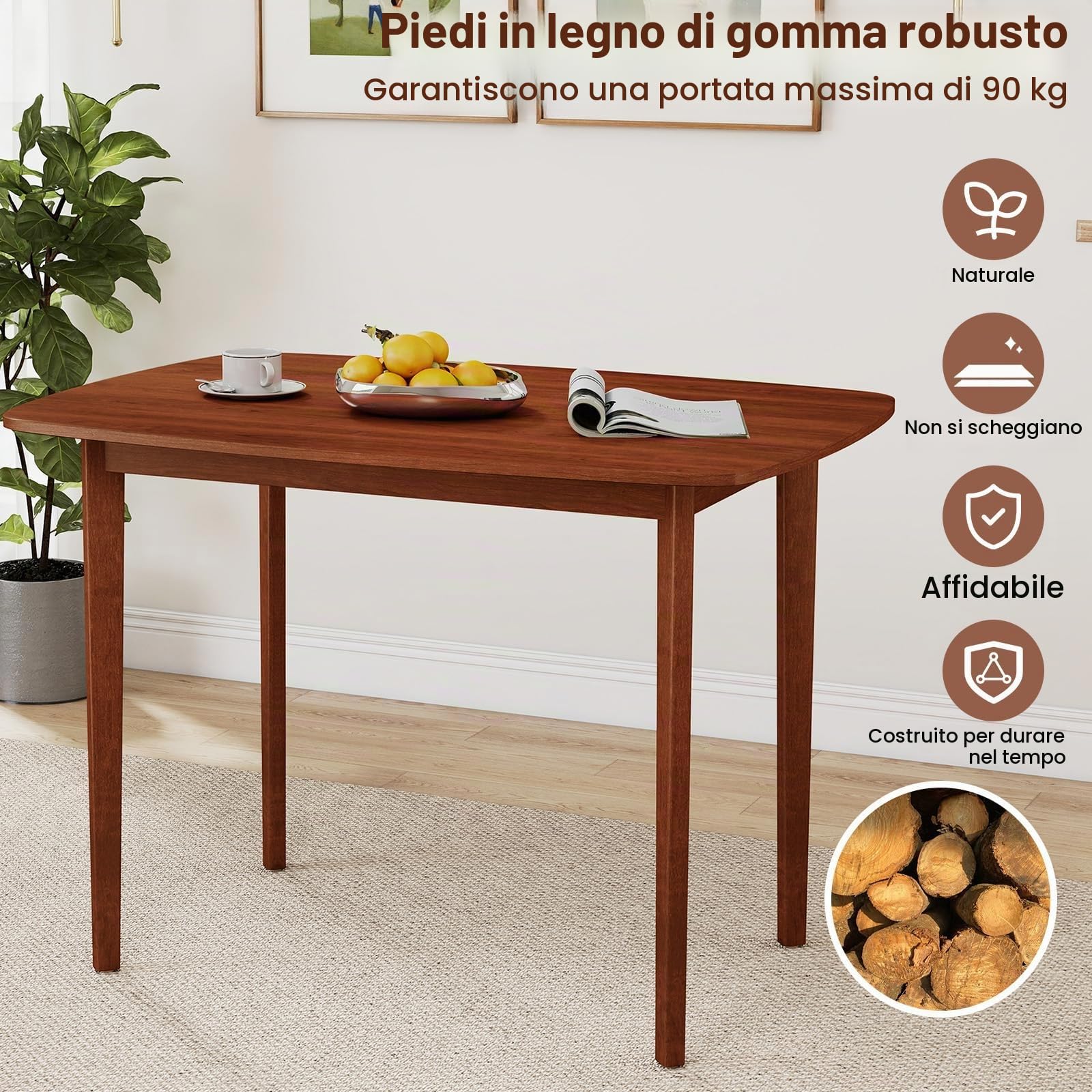 LIFEZEAL Tavolo Sala da Pranzo, Tavolo da Cucina, 110x78 cm, per 4-6 Posti, Vintage, Salvaspazio, Rettangolare, con Gambe in Legno Massello, Ampio Piano, per Soggiorno, Ristorante, Max 90kg, Marrone