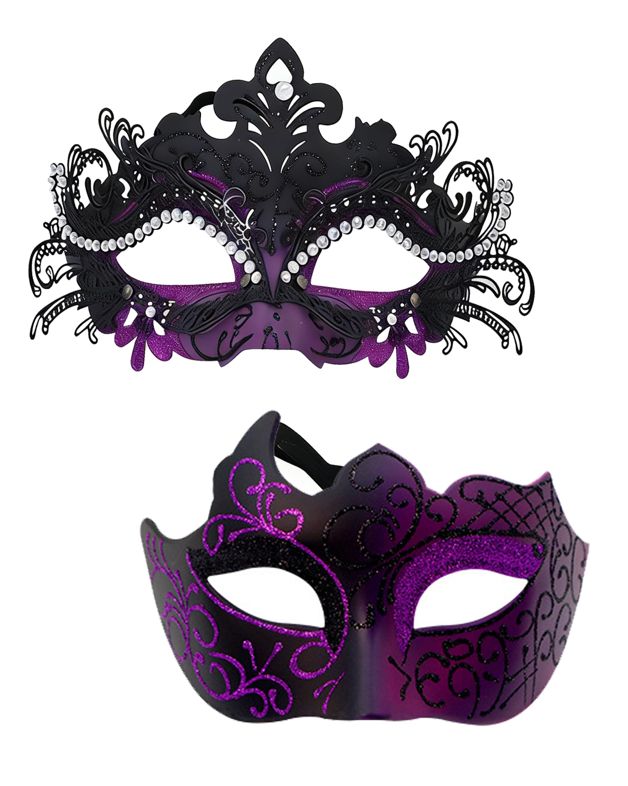 HeHeGe Couple Masquerade Masks with Shiny Rhinestone Venetian Party Mask Halloween Costume Carnival Mask New Year Party Christmas for Couples Women and Men (Purple)