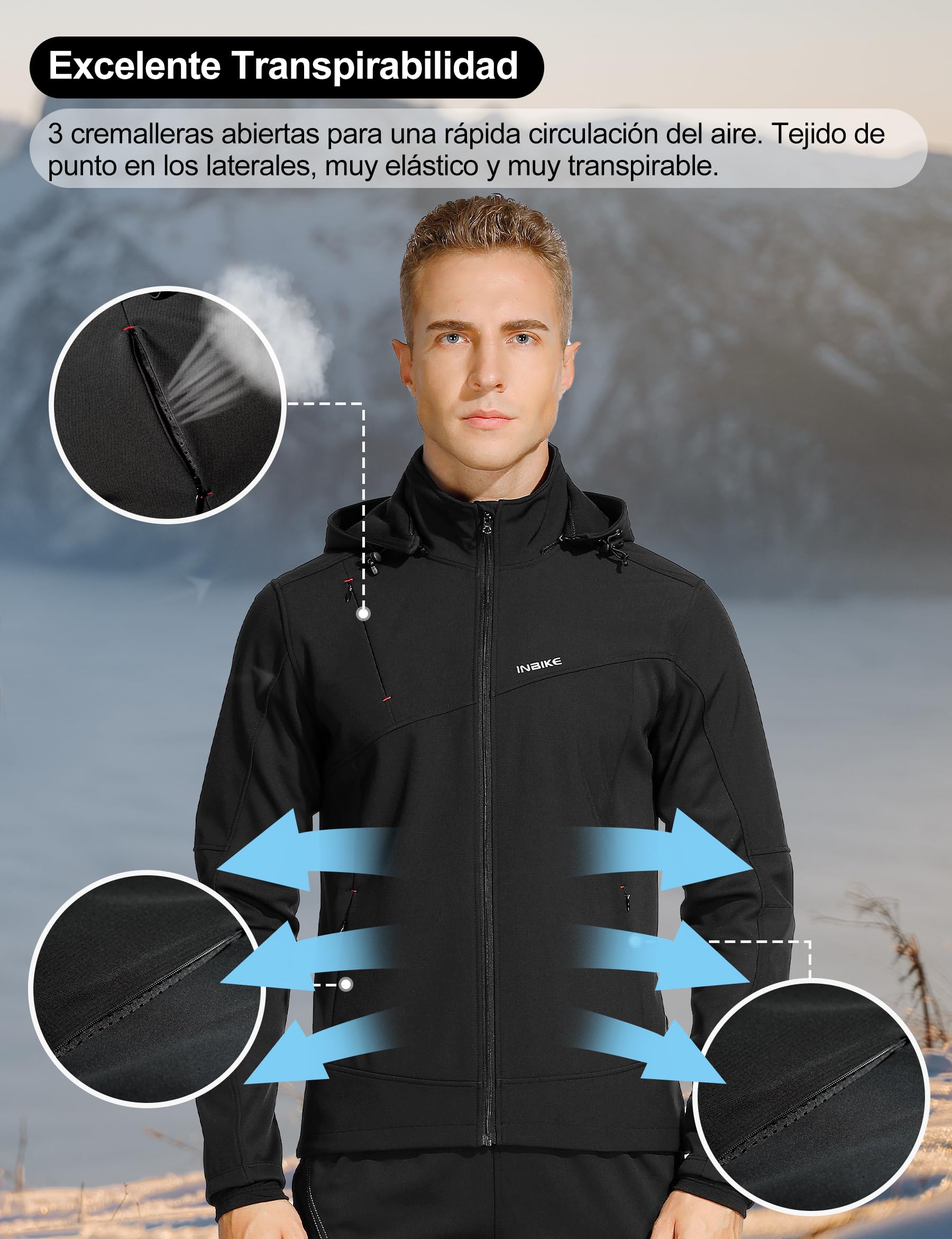INBIKE Chaqueta Softshell Cálida Para Invierno Cazadora Resistente Al Viento y Agua Con Capucha Extraíble y Forro Polar Suave Para Trekking Senderismo Escalada Ciclismo Running 7103
