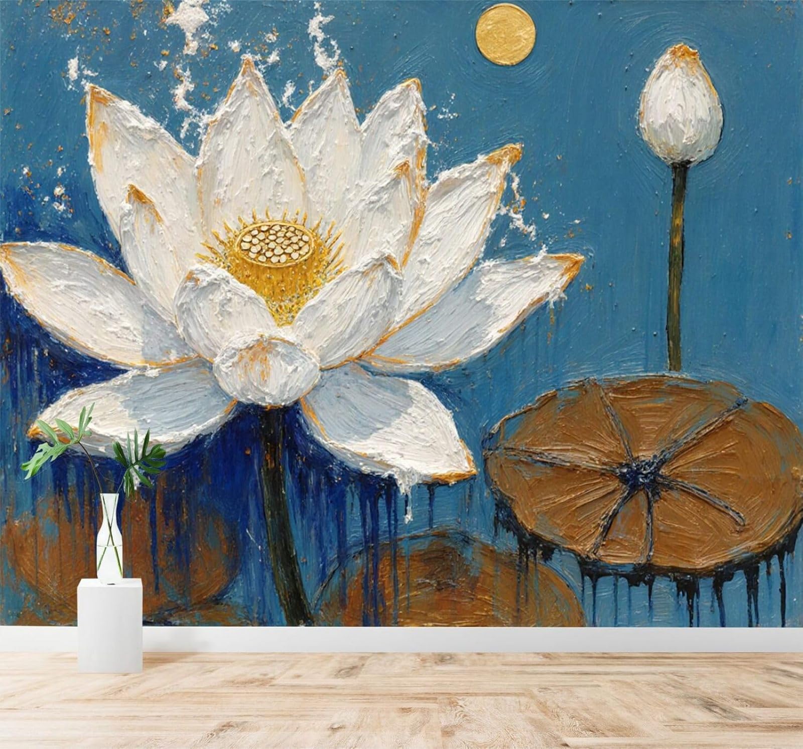 Tzxztt Hand Drawn White Lotus Abstract Blue Golden Moon Modern 3D Wallpaper Premium Textured Silk Neutral Tones Material Ideal for Living Room Bedroom-430cm×300cm
