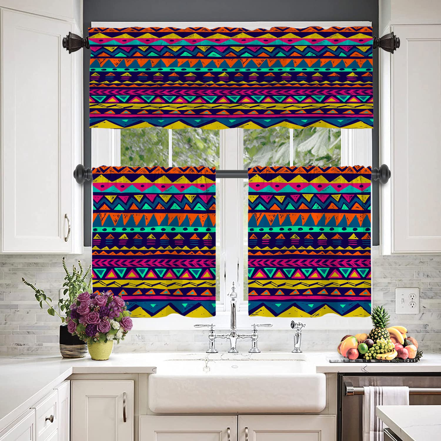 BaoNews Ethnic Hipster Geometric Kitchen Valances for Windows,Multicolor Navajowith Doodle Blackout Valances Curtains Multilayer Polyester Drapes for Kitchen Bedroom 1 Pack 52X18 Inches