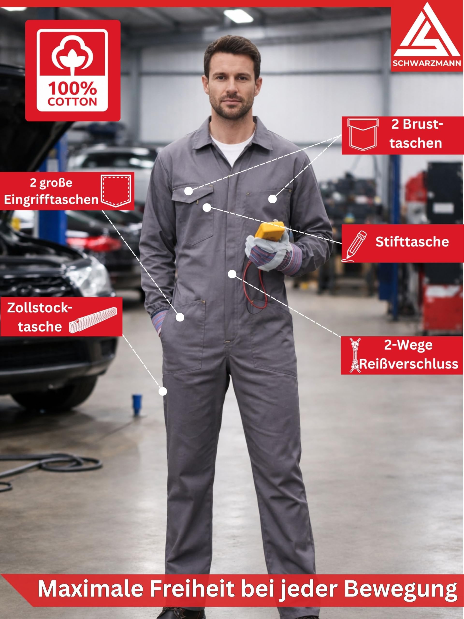 SCHWARZMANN Arbeitsoverall Herren 100% Baumwolle strapazierfähig atmungsaktiv Schutzanzug mit Reißverschluss Taschen Gummizug ideal für Werkstatt Handwerk Bau Garten Freizeit Arbeitskleidung Männer