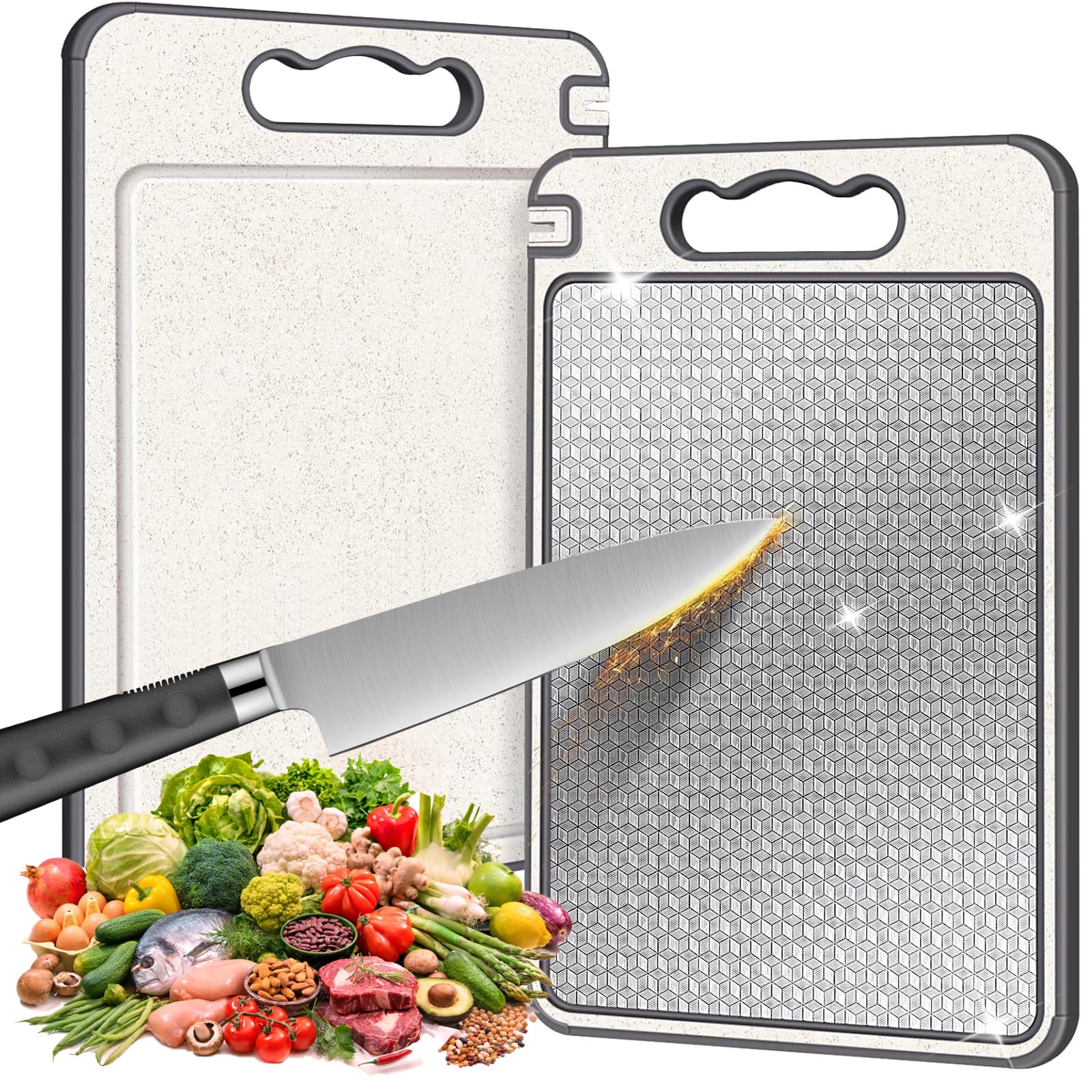 Stainless Steel Cutting Board, Double Sided Chopping Board for Kitchen, Non Toxic Non Slip Cutting Board, Scratch Resistant Mesh Design, Juice Groove, 304 Stainless Steel and Wheat Straw PP,Food-Grade